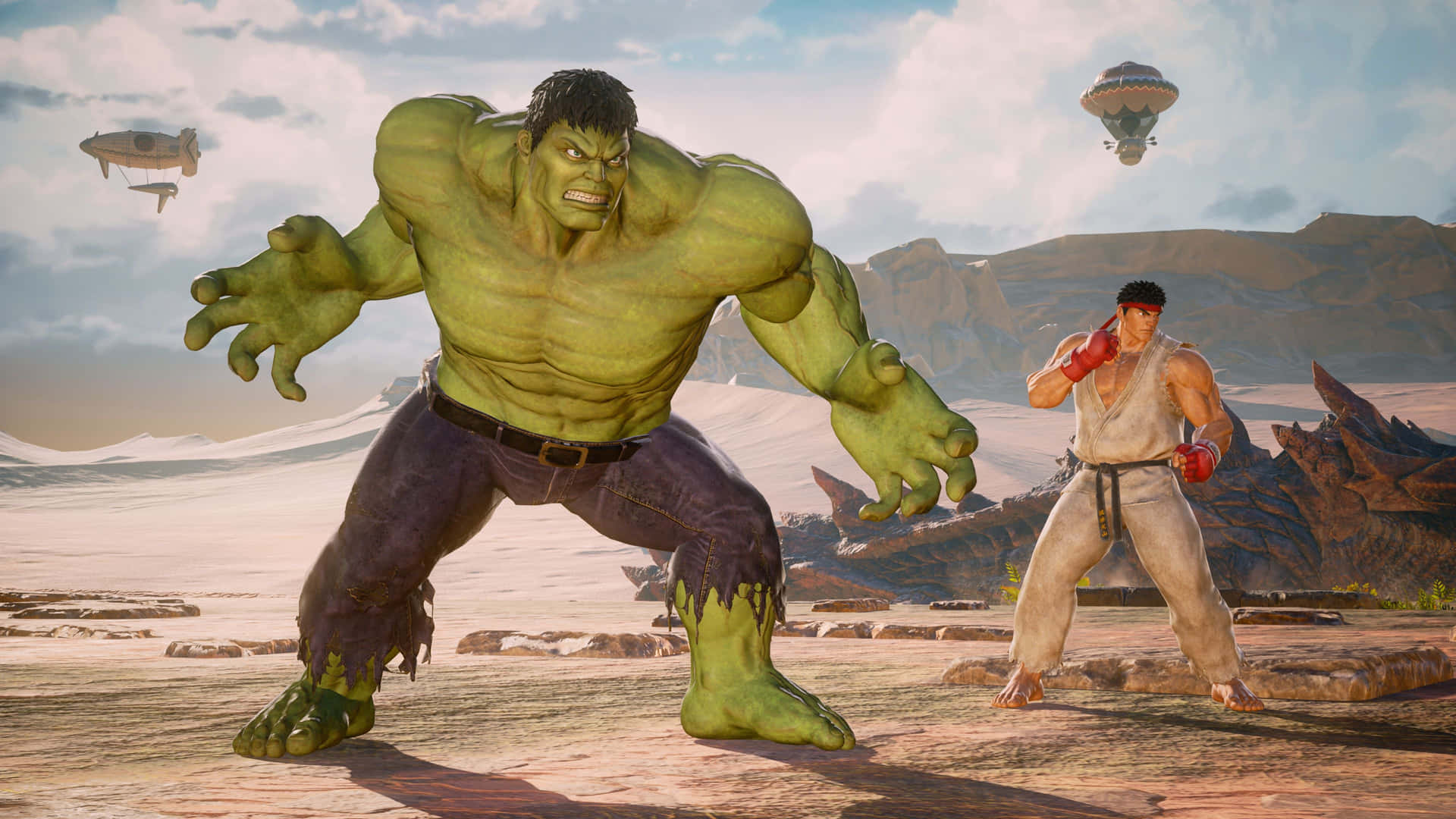  壁紙 — Hulk 和 Ryu 在一個有飛行車輛和岩石地形的沙漠競技場對決，天空多雲。