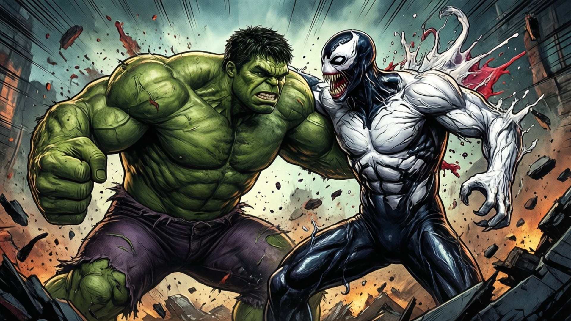 Hulk vs Anti-Venom 壁紙 — 浩克與猛毒在破碎的城市景觀中碰撞，背後有飛揚的碎片和熾熱的爆炸。