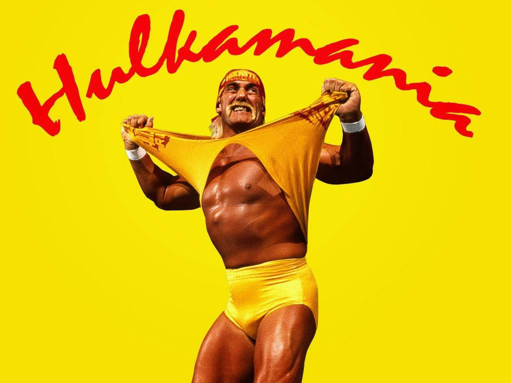 Hulk Hogan 桌布 壁紙 — Hulk Hogan 在亮黃色背景上撕開他的黃色摔角褲，上面有紅色 'Hulkamania' 文字。