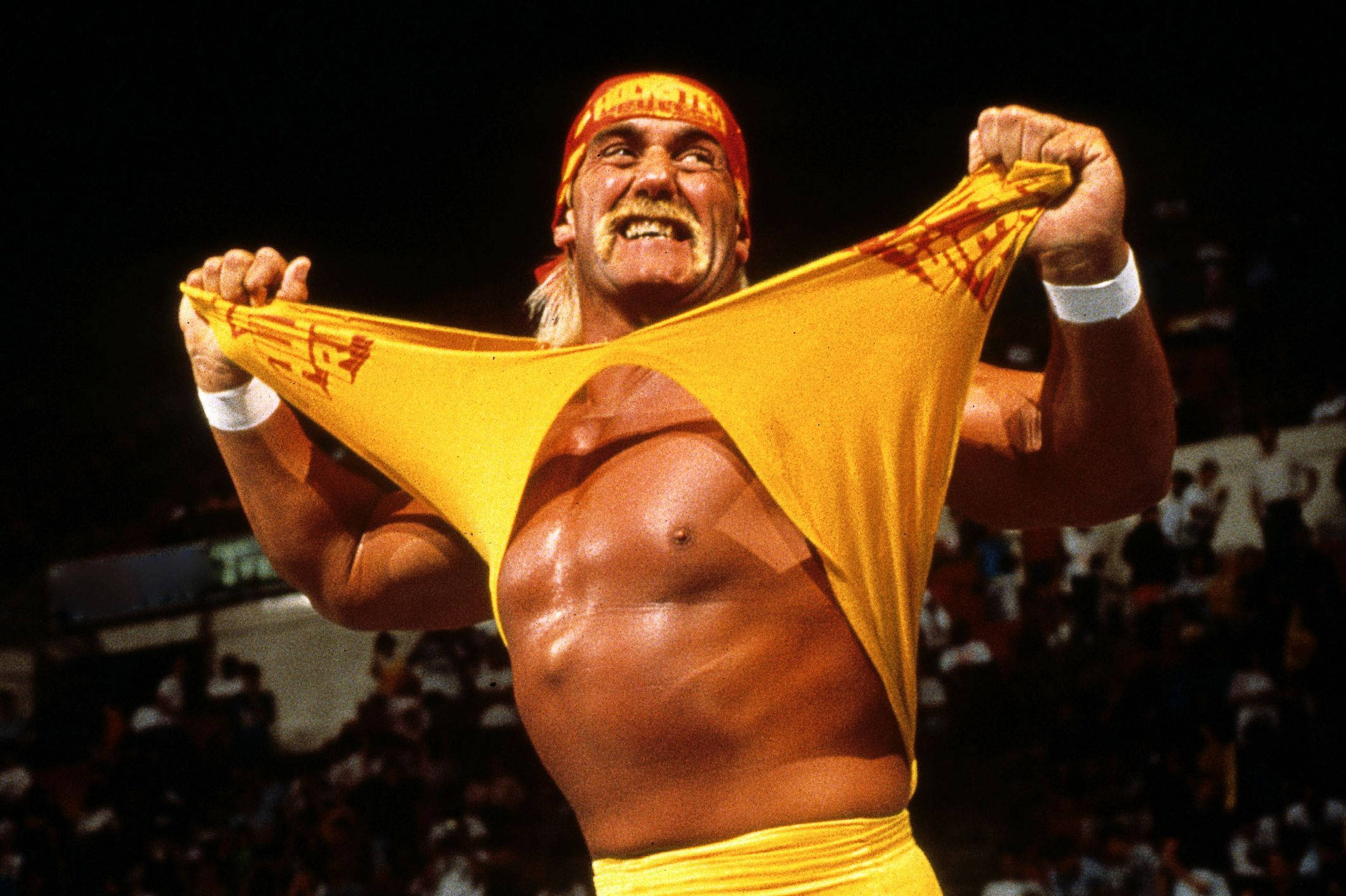 Hulk Hogan 桌布 壁紙 — Hulk Hogan 在明亮的場館燈光下，以勝利姿態撕破他的黃色摔角衫。