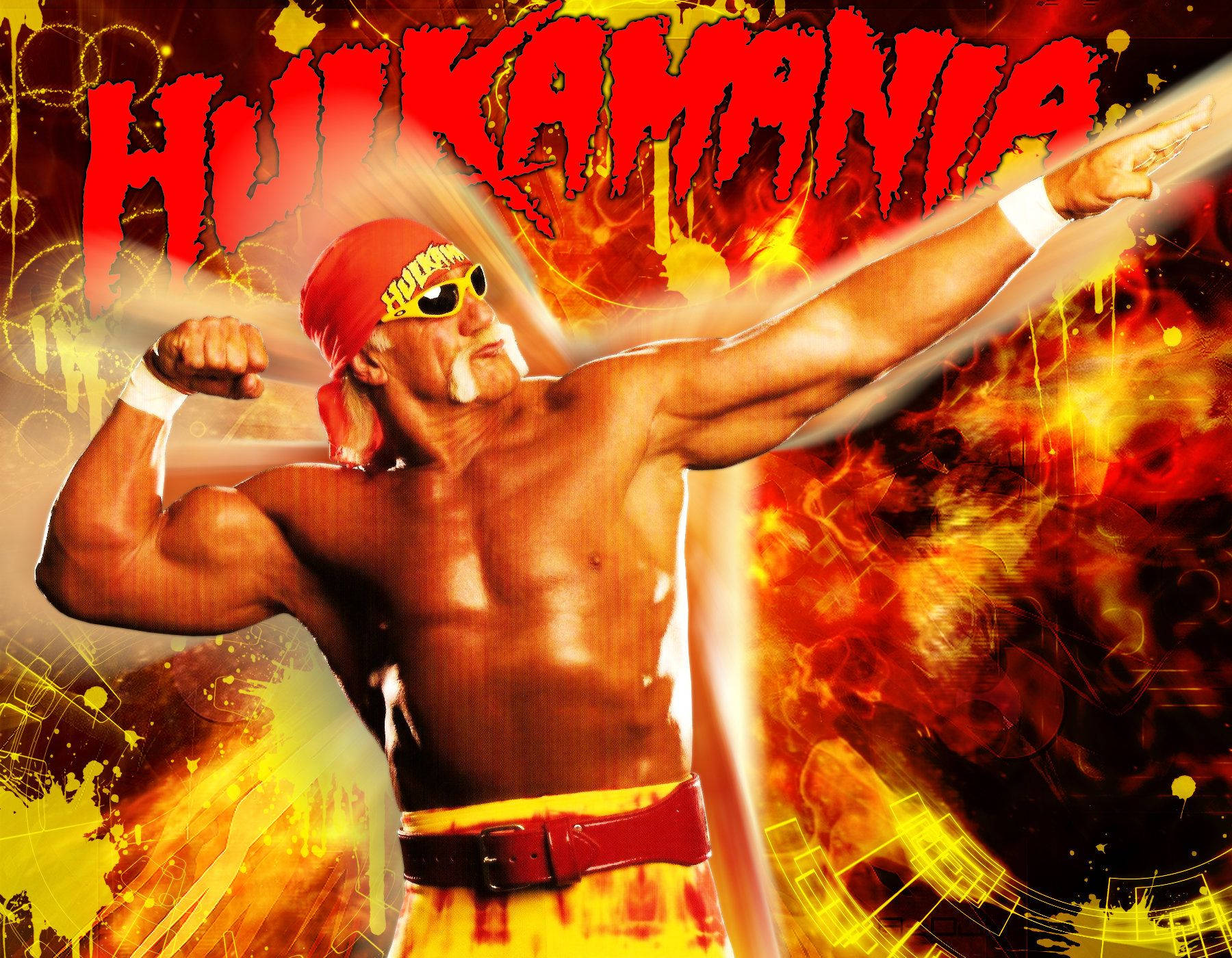 Hulk Hogan 桌布 壁紙 — Hulk Hogan 在熾熱爆炸背景下強力展示肌肉，並帶有粗體紅色的 'HULKAMANIA' 文字。