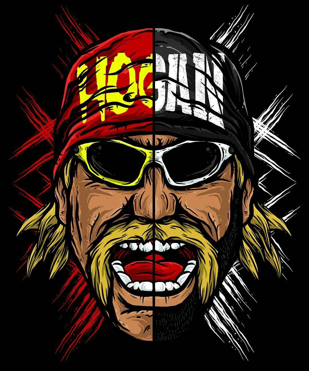 Hulk Hogan 桌布 壁紙 — Hulk Hogan 的分面插圖，紅色和黑色各半，黃色頭髮，太陽眼鏡，在黑色背景上咆哮的表情。