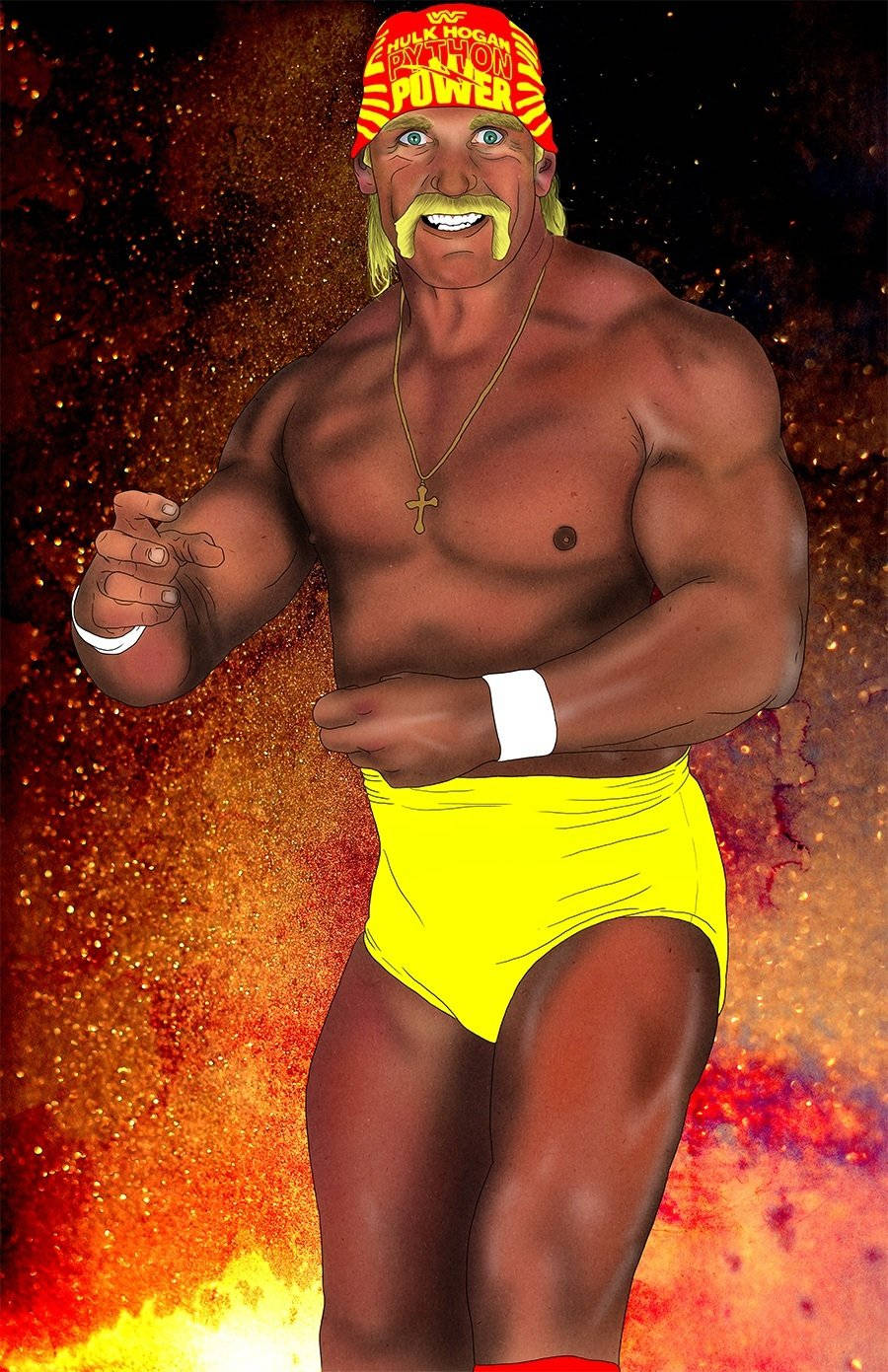 Hulk Hogan 桌布 壁紙 — Hulk Hogan 穿著標誌性的黃色短褲和紅色頭巾，自信地站在熾熱的宇宙背景前。