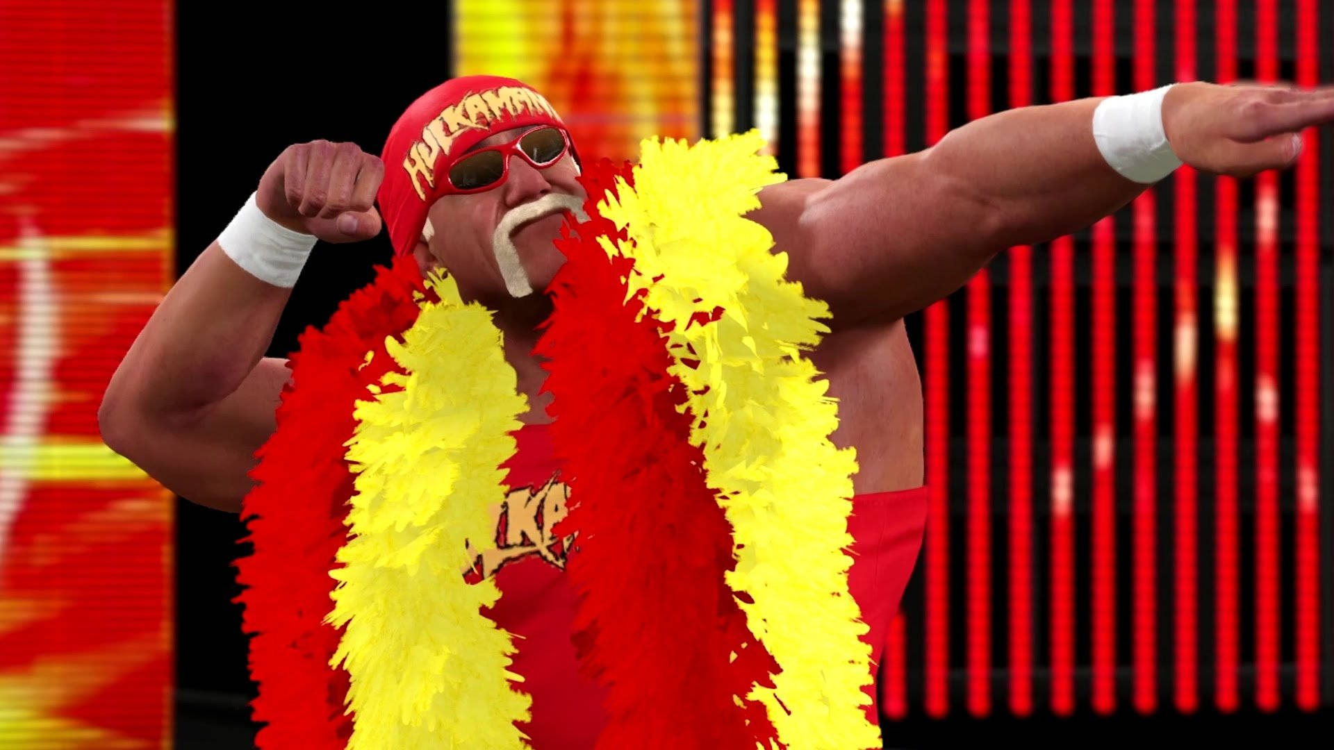 Hulk Hogan 桌布 壁紙 — Hulk Hogan 身穿標誌性的紅黃色服裝，在鮮豔的紅黃條紋背景前擺出勝利姿勢。