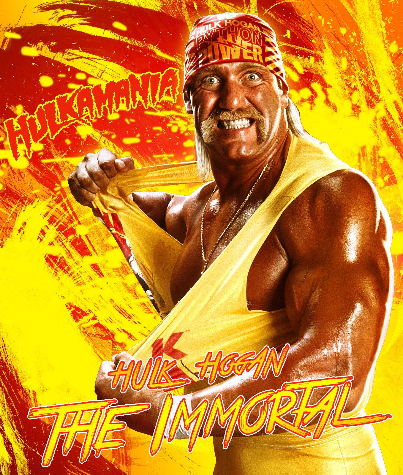 Hulk Hogan 桌布 壁紙 — Hulk Hogan 身穿標誌性黃色摔角裝備，在火紅與黃色背景上搭配粗體文字，露出兇猛的笑容。