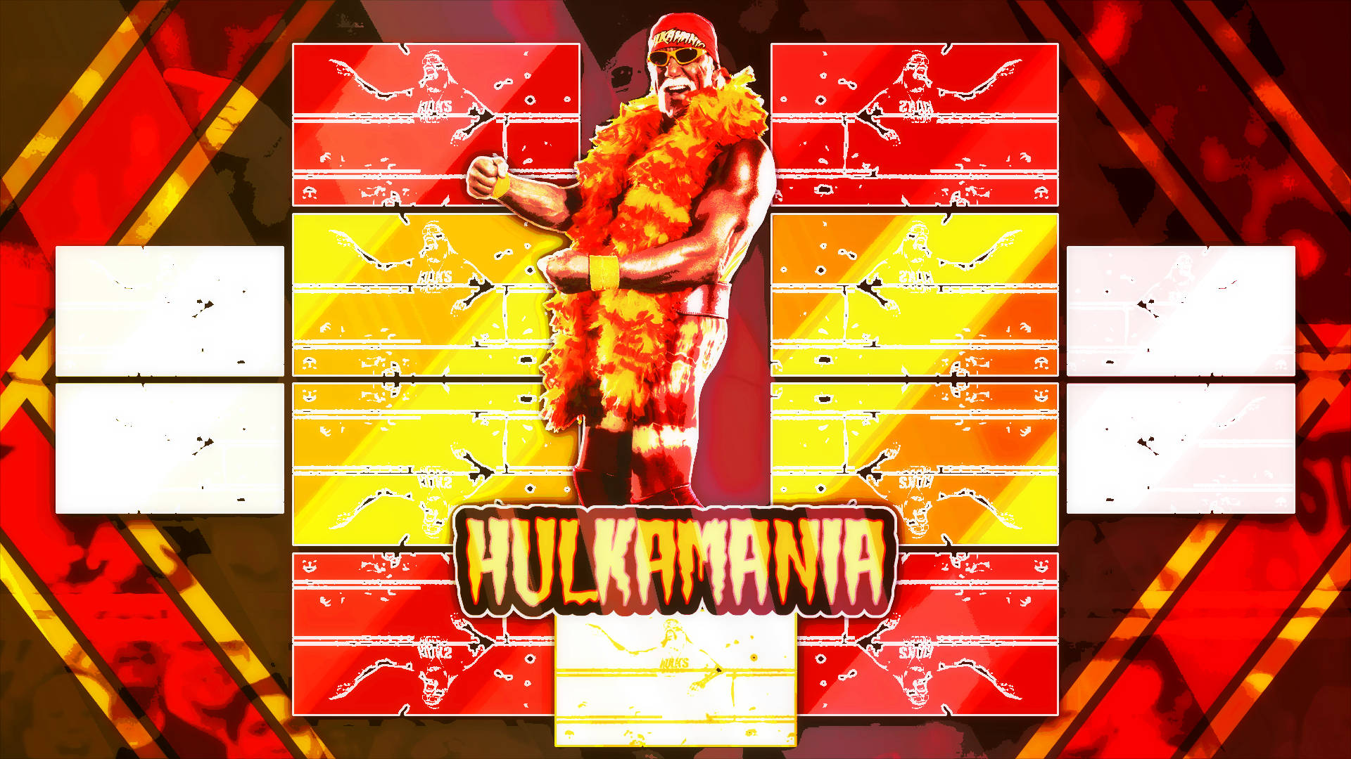 Hulk Hogan 桌布 壁紙 — Hulk Hogan 身穿火紅羽毛服裝，站在舞台中央，背景為大膽的紅、黃、白圖形，並帶有「HULKAMANIA」文字。