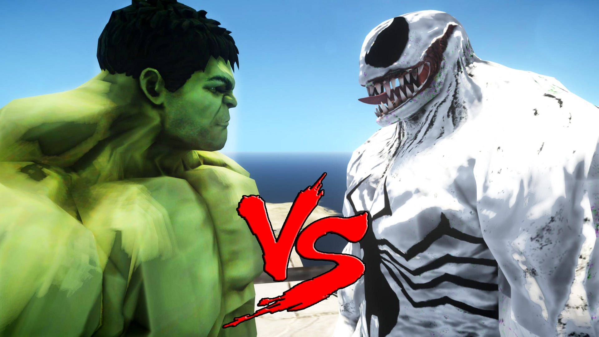 反猛毒 桌布 壁紙 — Hulk 和 Venom 在晴朗的藍天下以醒目的紅色 VS 圖形進行戲劇性的數位戰鬥場景。