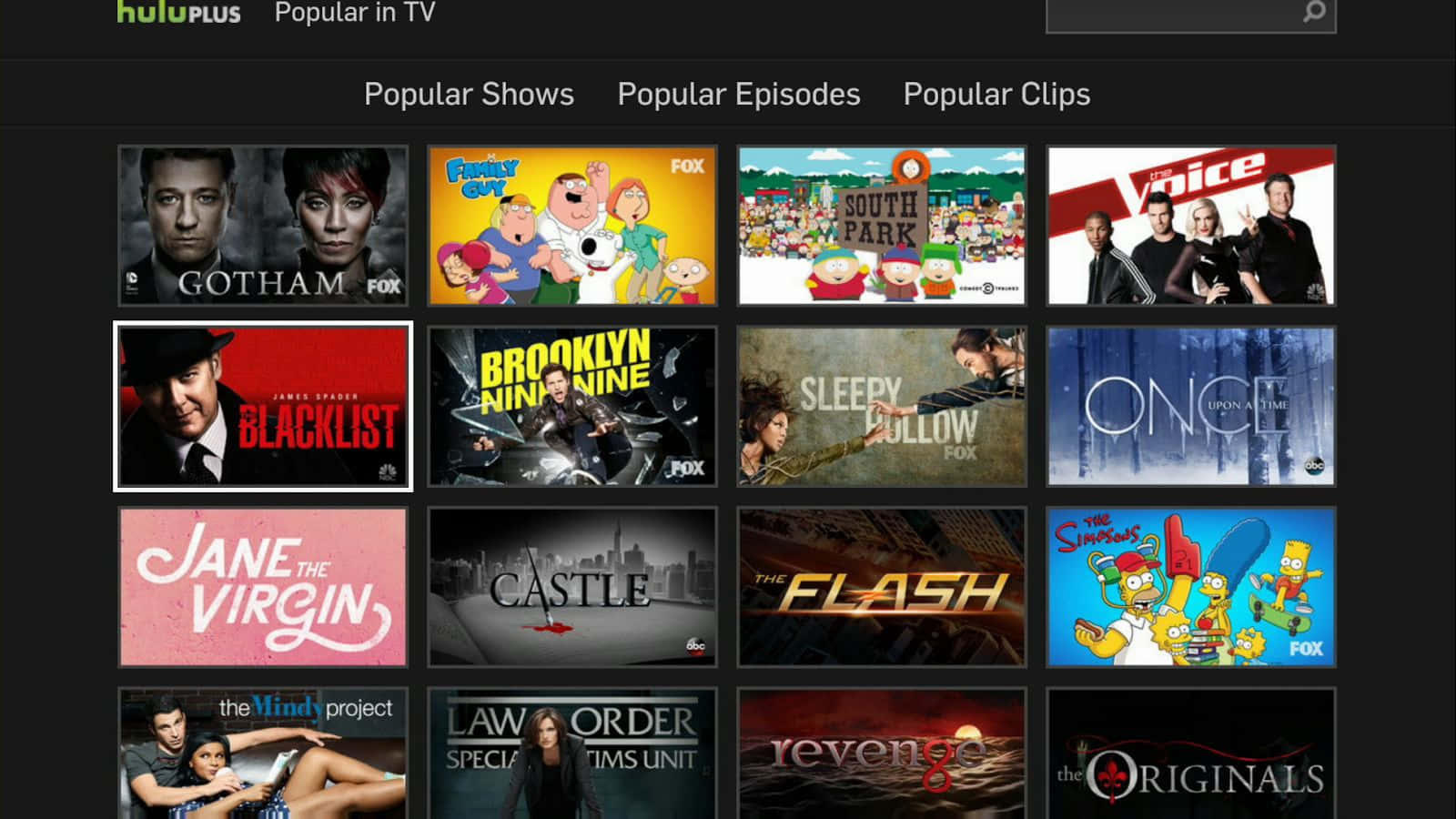 葫蘆 桌布 壁紙 — Hulu Plus 電視節目縮圖網格，包含從戲劇到動畫的多種類型，具有粗體標題和角色藝術。