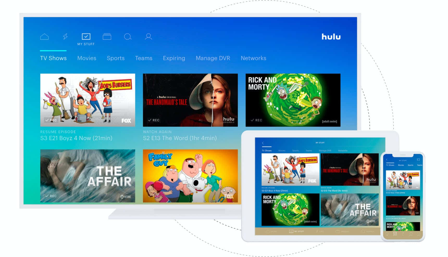 Hulu 桌布 壁紙 — Hulu 串流介面顯示於電視、平板電腦和手機上，展示電視節目、電影和體育節目，並附有彩色縮圖。