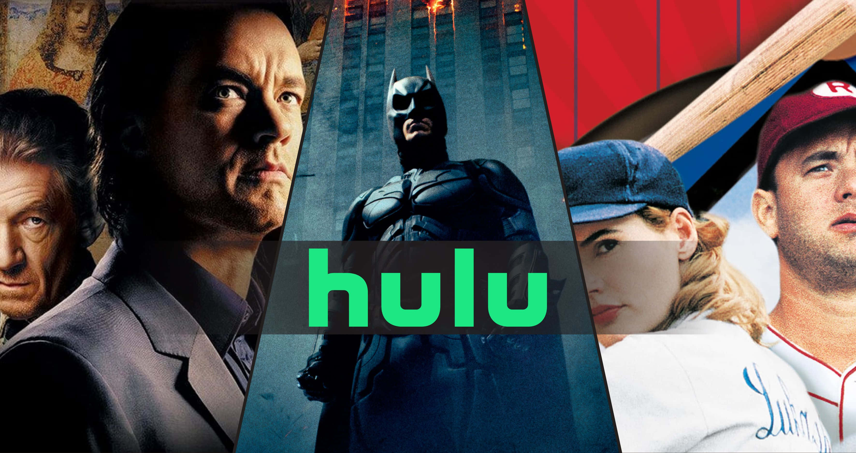 Hulu 桌布 壁紙 — Hulu 標誌居中顯示在包含蝙蝠俠、棒球運動員和戲劇演員等電影及電視節目角色的拼貼畫上方。