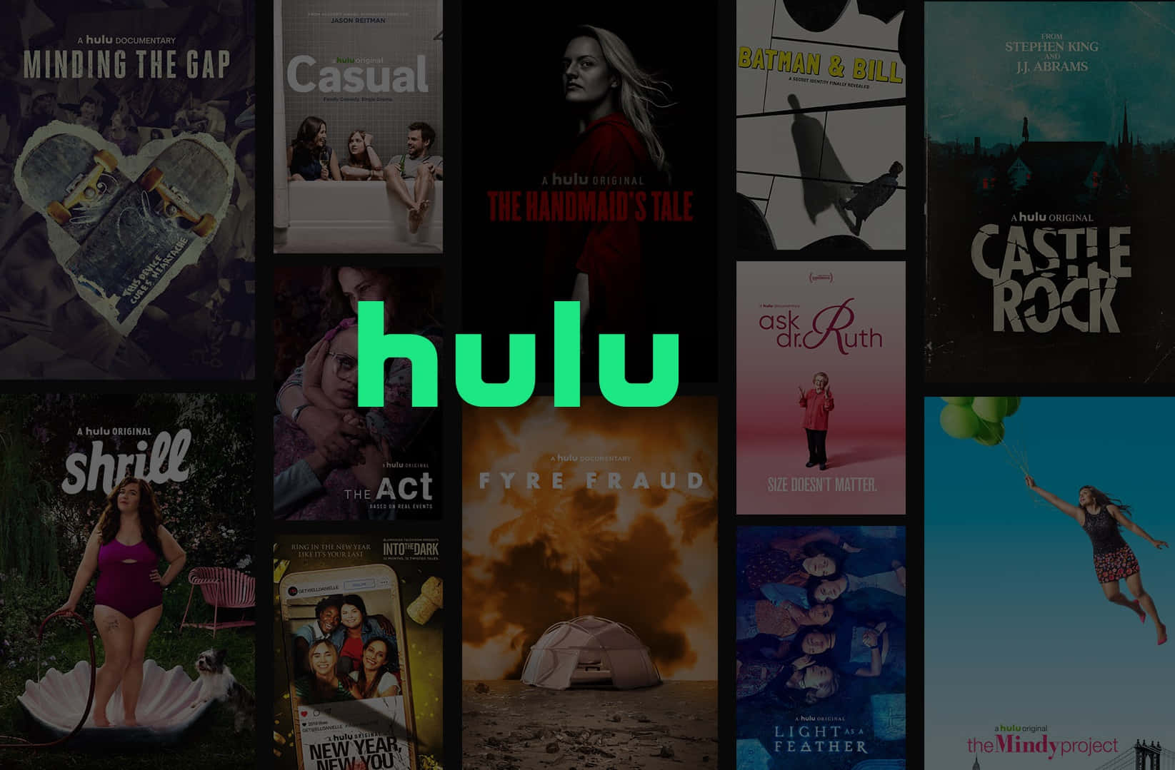 葫蘆 桌布 壁紙 — Hulu 節目海報拼貼，包含多種題材和角色，背景為深色，中央有發光的綠色 Hulu 標誌。
