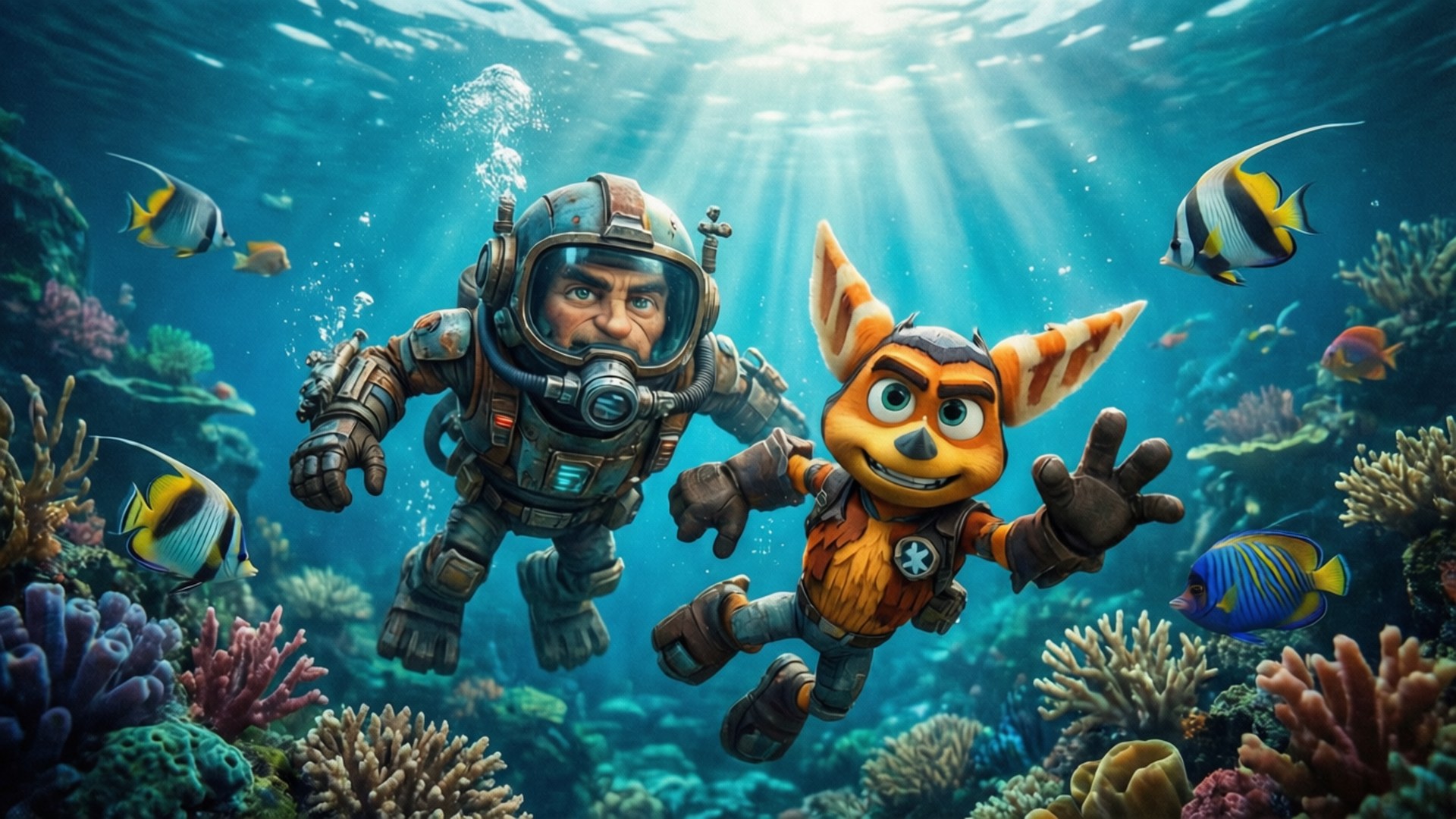 Deep Dive 壁紙 — 一名人類太空人和一隻卡通狐狸穿著潛水裝備，探索充滿熱帶魚和陽光的 vibrant 珊瑚礁。