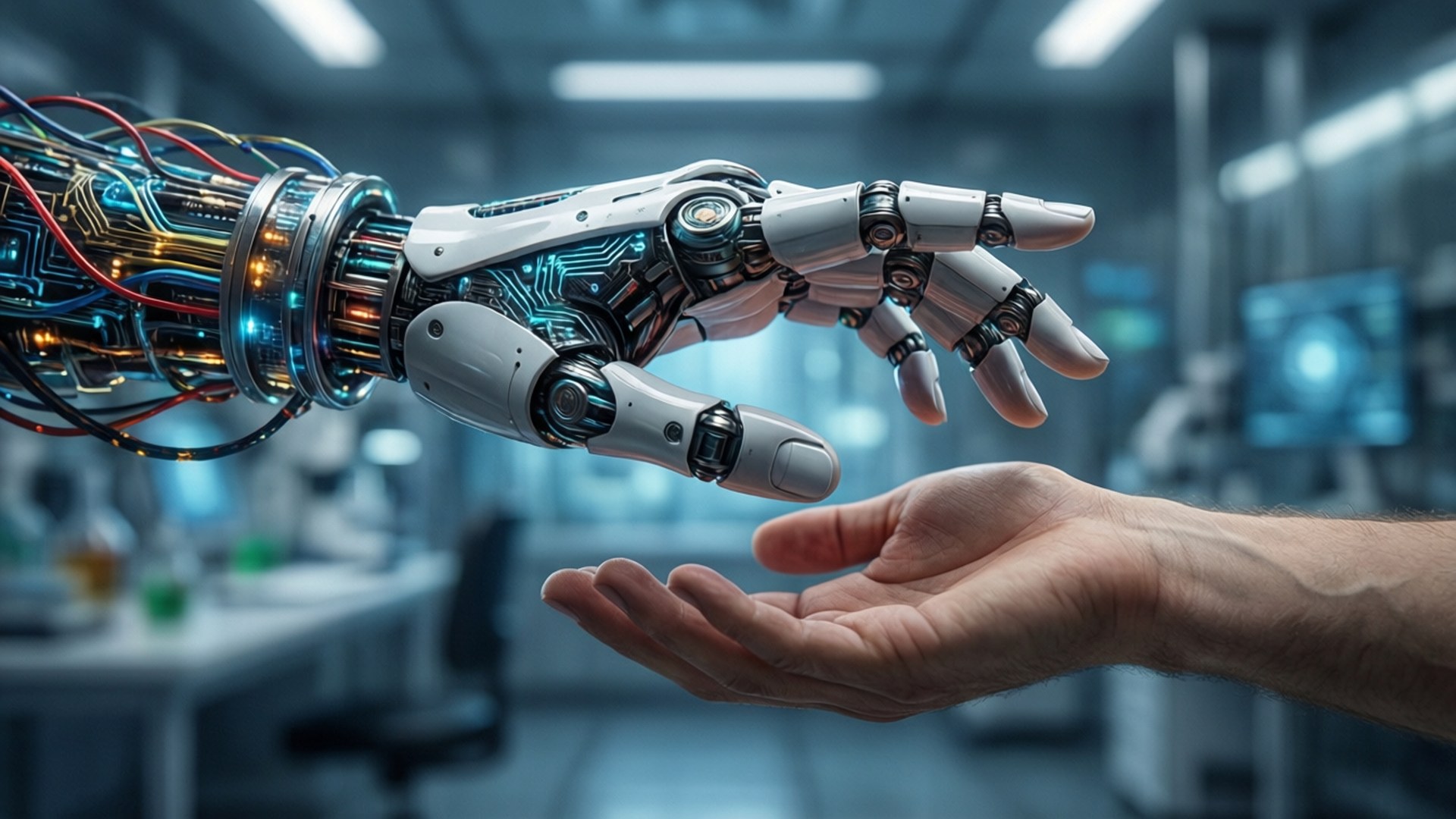 Human Touch 壁紙 — 一隻人類的手伸出，與一隻在高端實驗室中閃爍著藍色電路的未來機械手相遇。