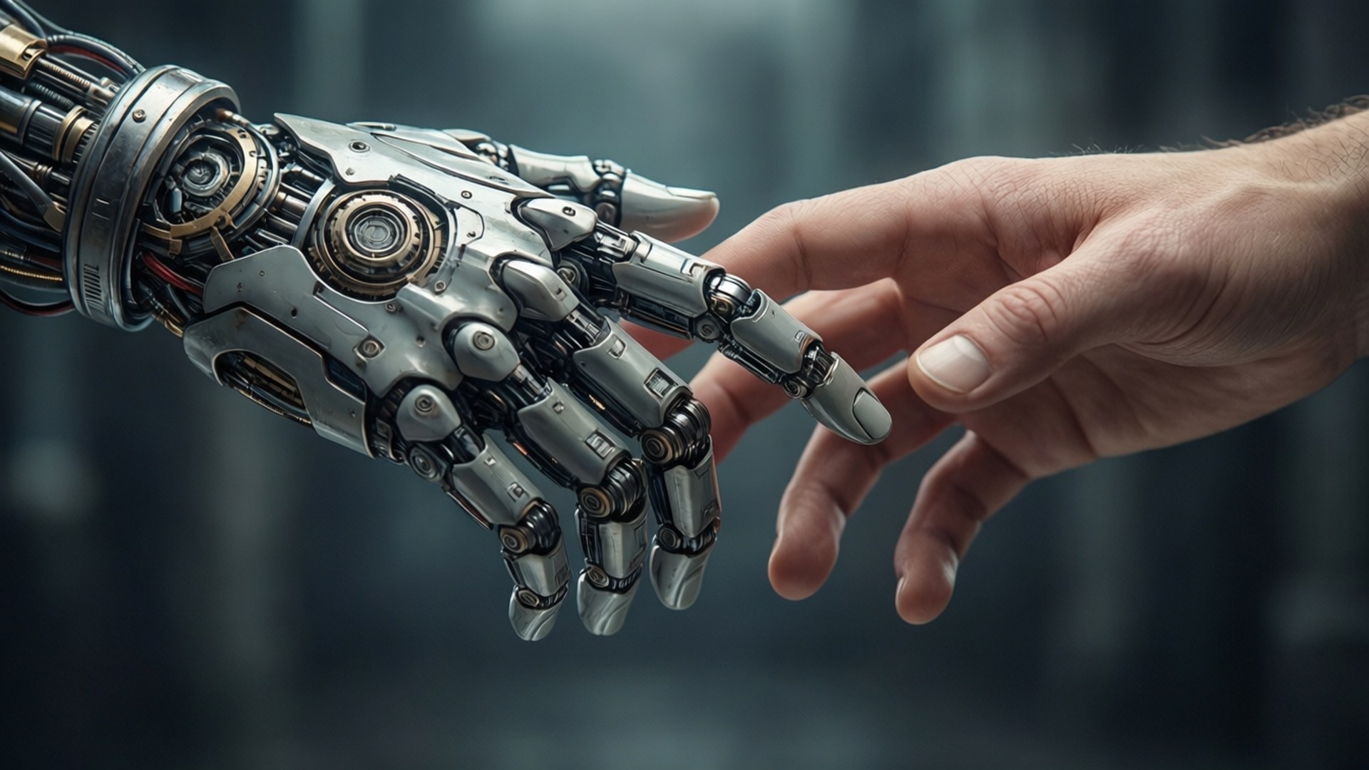 Human & Machine 壁紙 — 一隻人類的手輕輕觸摸金屬機械手，在模糊的工業背景下形成聯繫的瞬間。