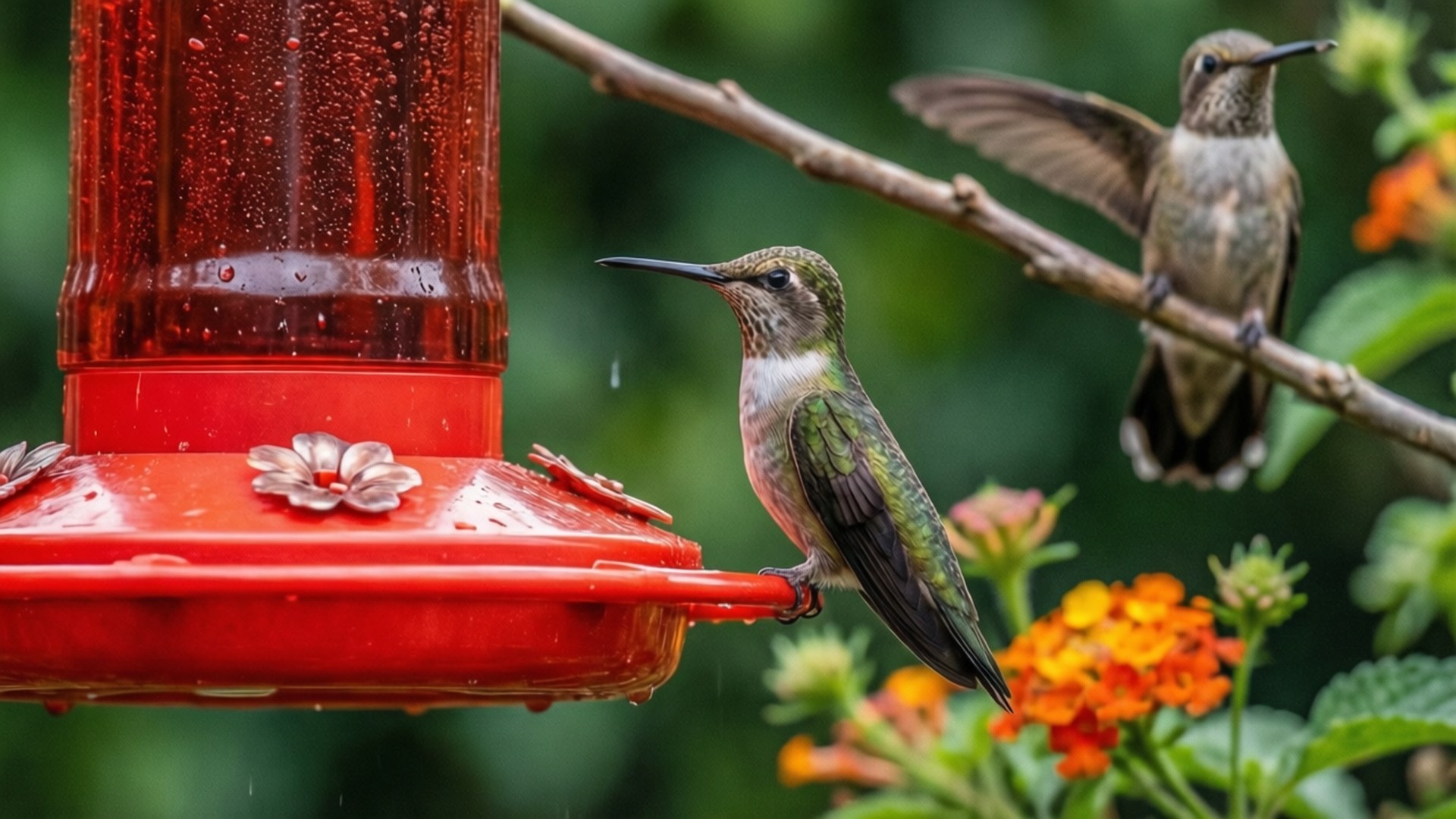 Feeder Visitors 壁紙 — 一隻蜂鳥棲息在紅色餵食器上，另一隻在附近盤旋，周圍有橙色花朵和綠色樹葉。