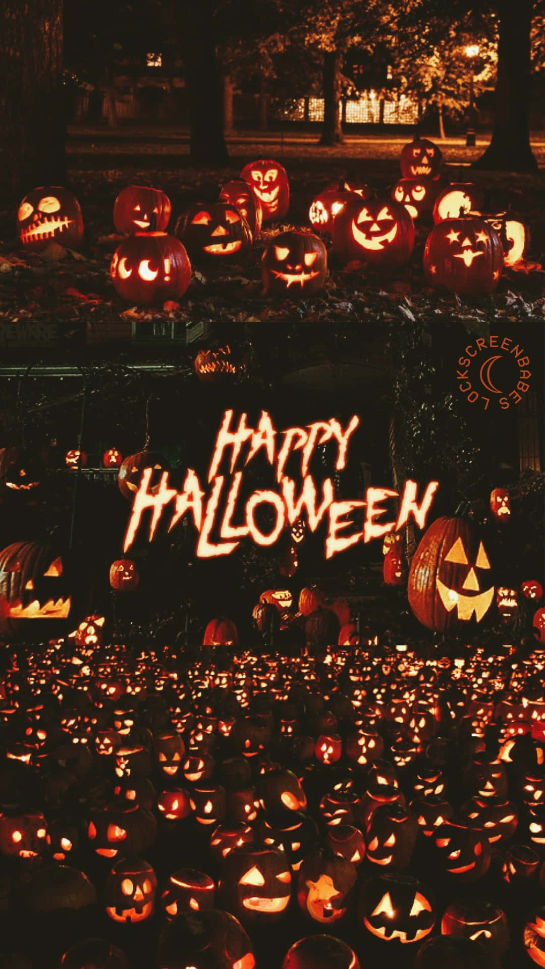  壁紙 — 數百個發光的南瓜燈照亮夜晚黑暗的公園，一個大膽的「Happy Halloween」標誌以火橙色閃耀。
