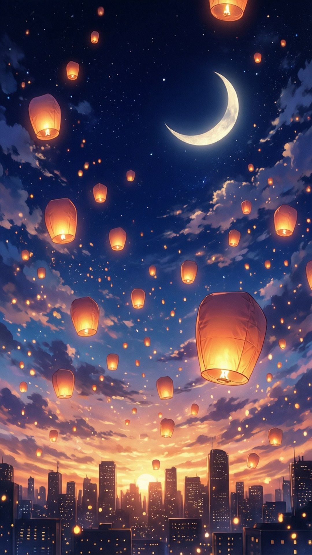 Lantern Festival Night 壁紙 — 數百盞發光的燈籠在彎月和星空暮色下升上城市天際線。