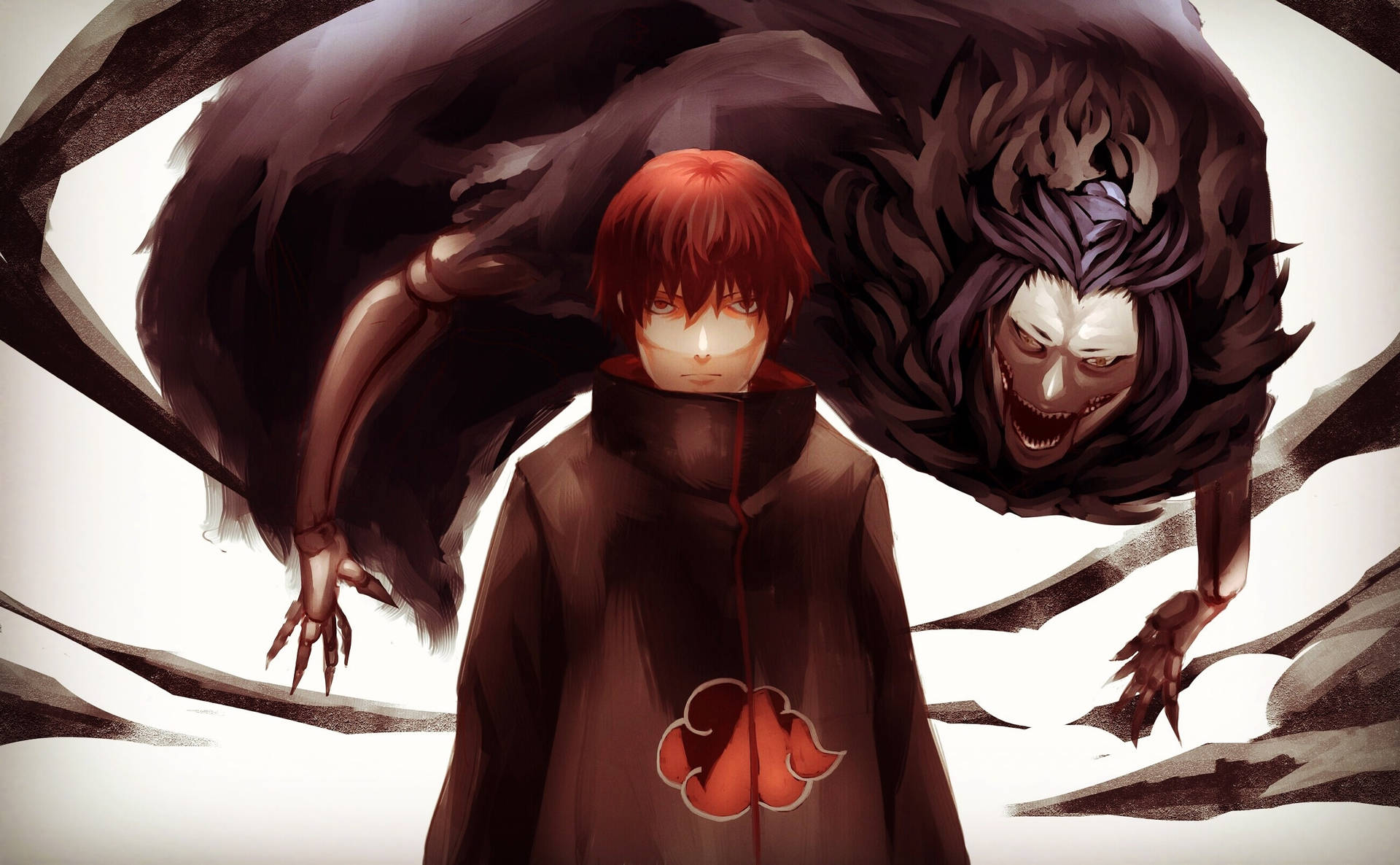 紅髮黑斗篷的動漫角色面對一個威脅性的黑暗生物。 — Sasuke 壁紙