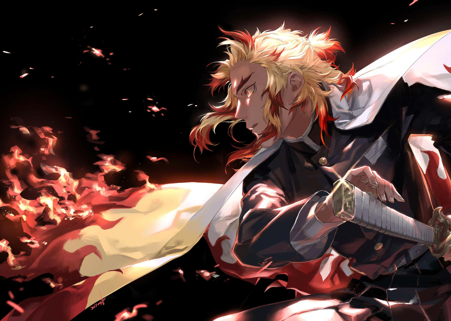 紅發動漫戰士在火焰環繞中揮舞著劍。 — Fire Emblem Warriors 壁紙