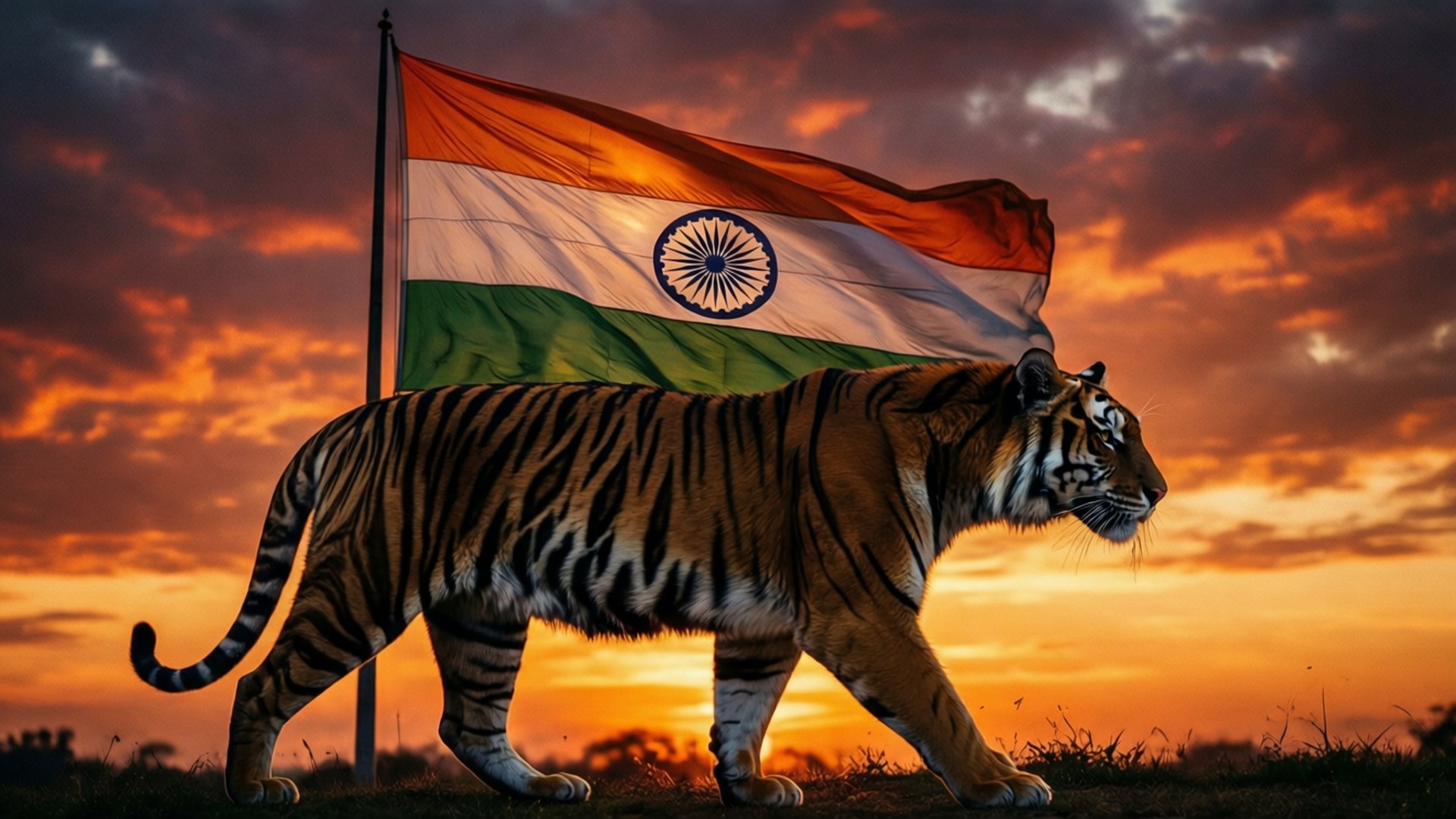 Tiger and Tiranga 壁紙 — 一隻雄偉的老虎在飄揚的印度國旗下，對著熾熱的日落天空向前邁進。