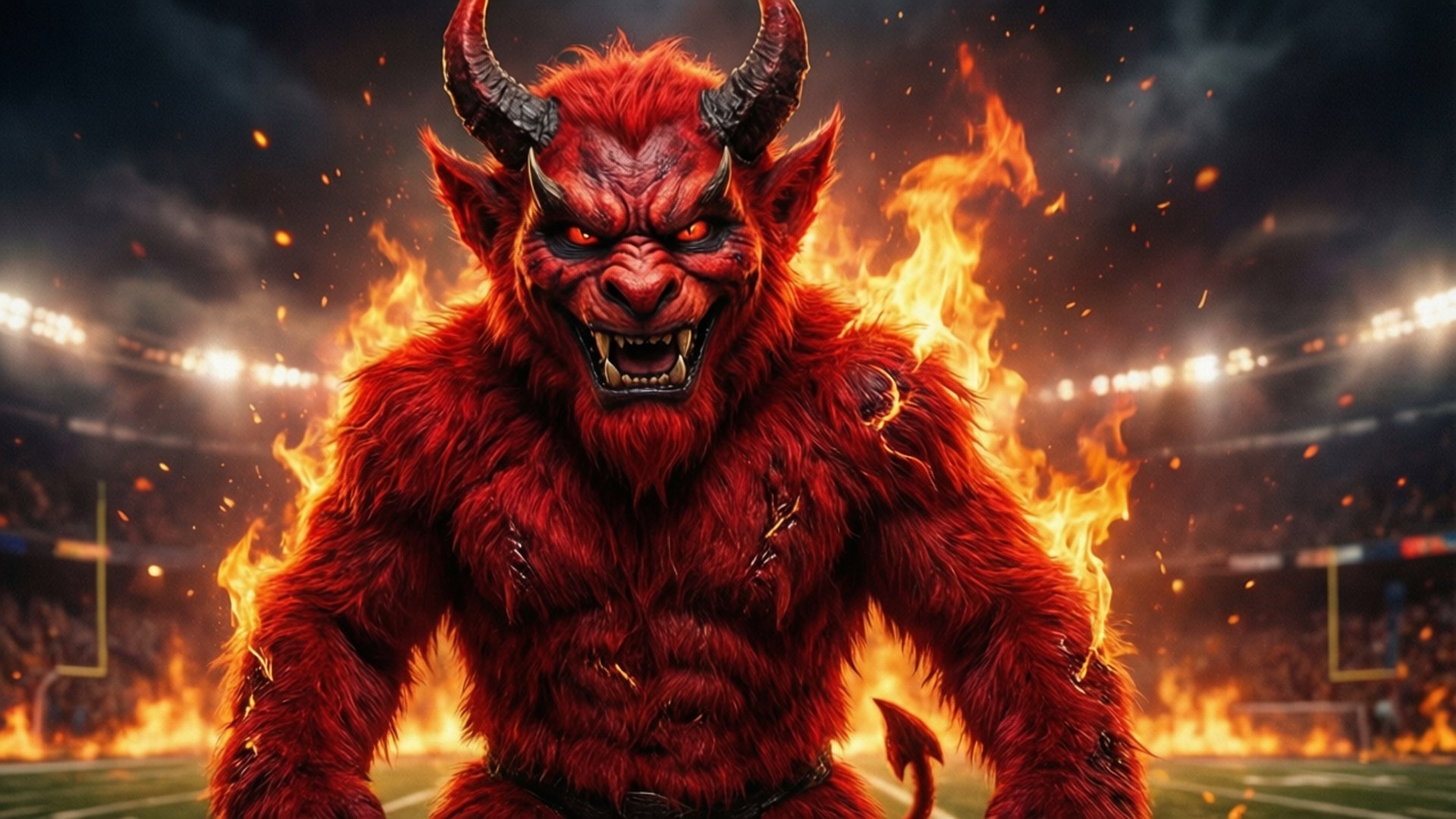 Fiery Red Devil 壁紙 — 一個火紅色的惡魔，長有角和發光的眼睛，在體育場燈光下威脅性地站在被火焰吞沒的足球場上。