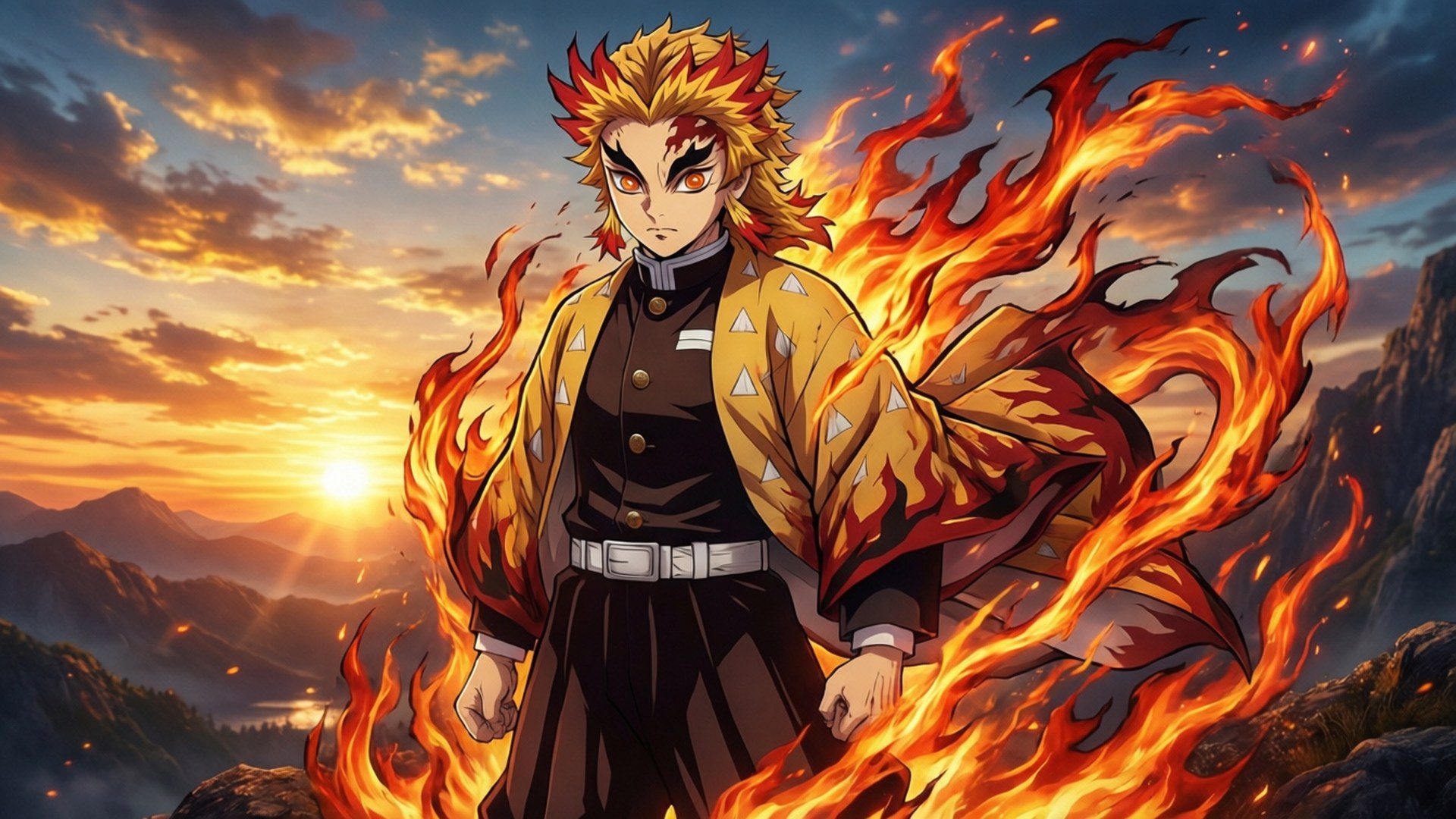Set Your Heart Ablaze 桌布 壁紙 — 一位火紅頭髮的動漫戰士站在夕陽下的山頂，火焰在他周圍旋轉，映襯著發光的天空。