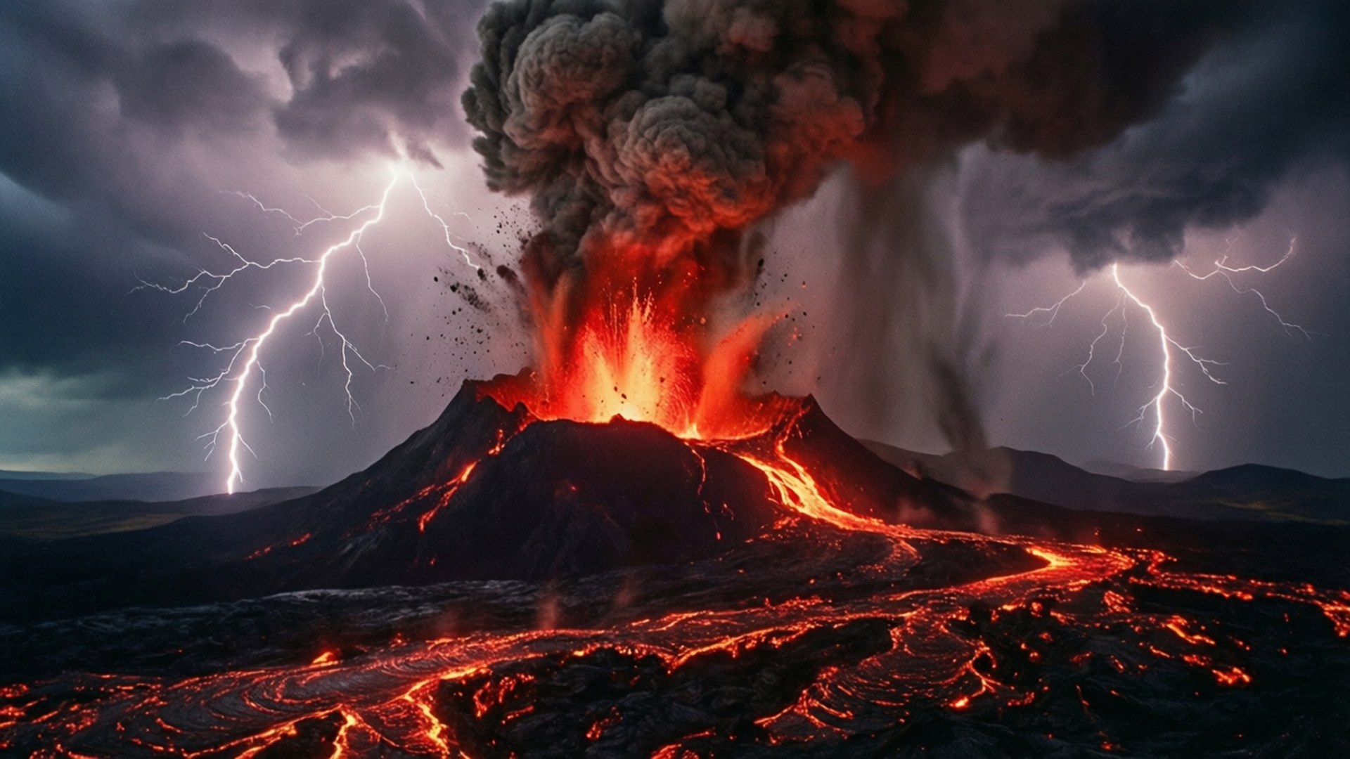 Volcano Lightning Storm 壁紙 — 火山爆發將熾熱的熔岩和濃煙噴向被閃電劈開的暴風雨天空。