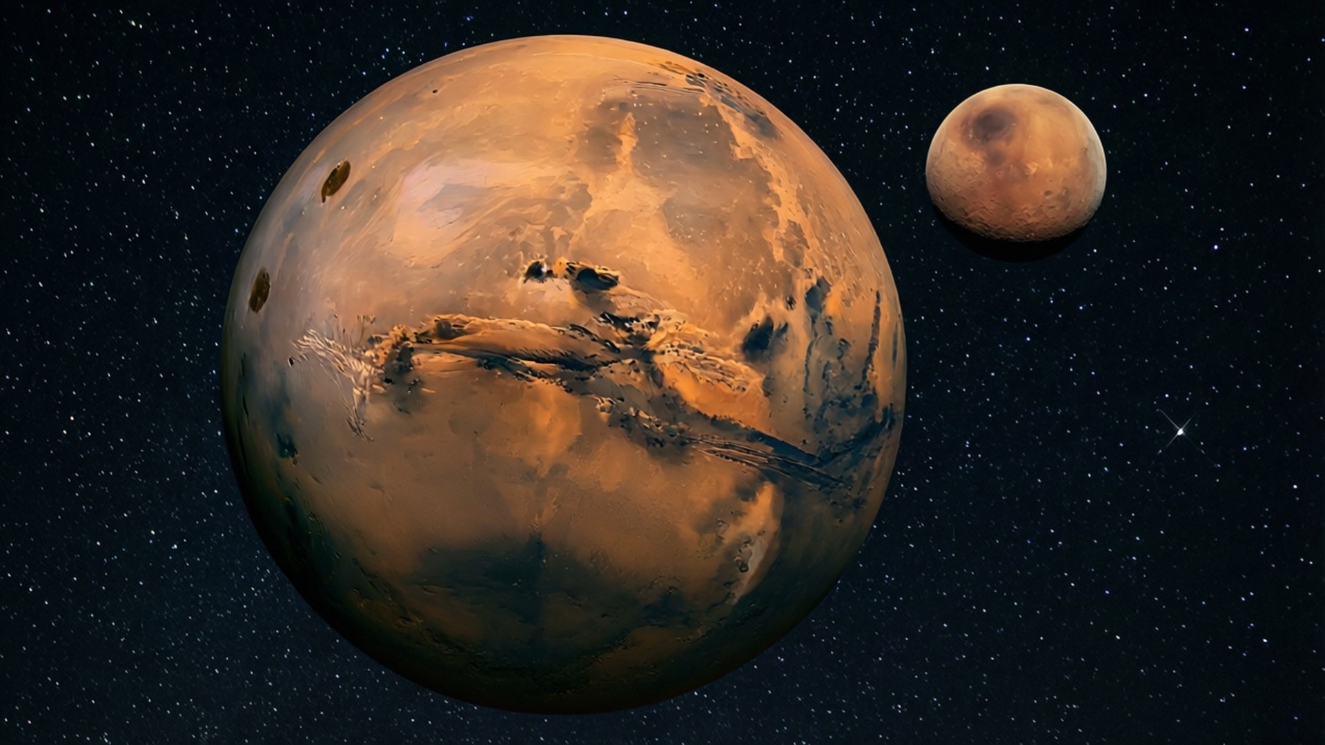 Moons of Mars 壁紙 — 火星及其衛星火衛一在星空宇宙虛空中發光的生動描繪。