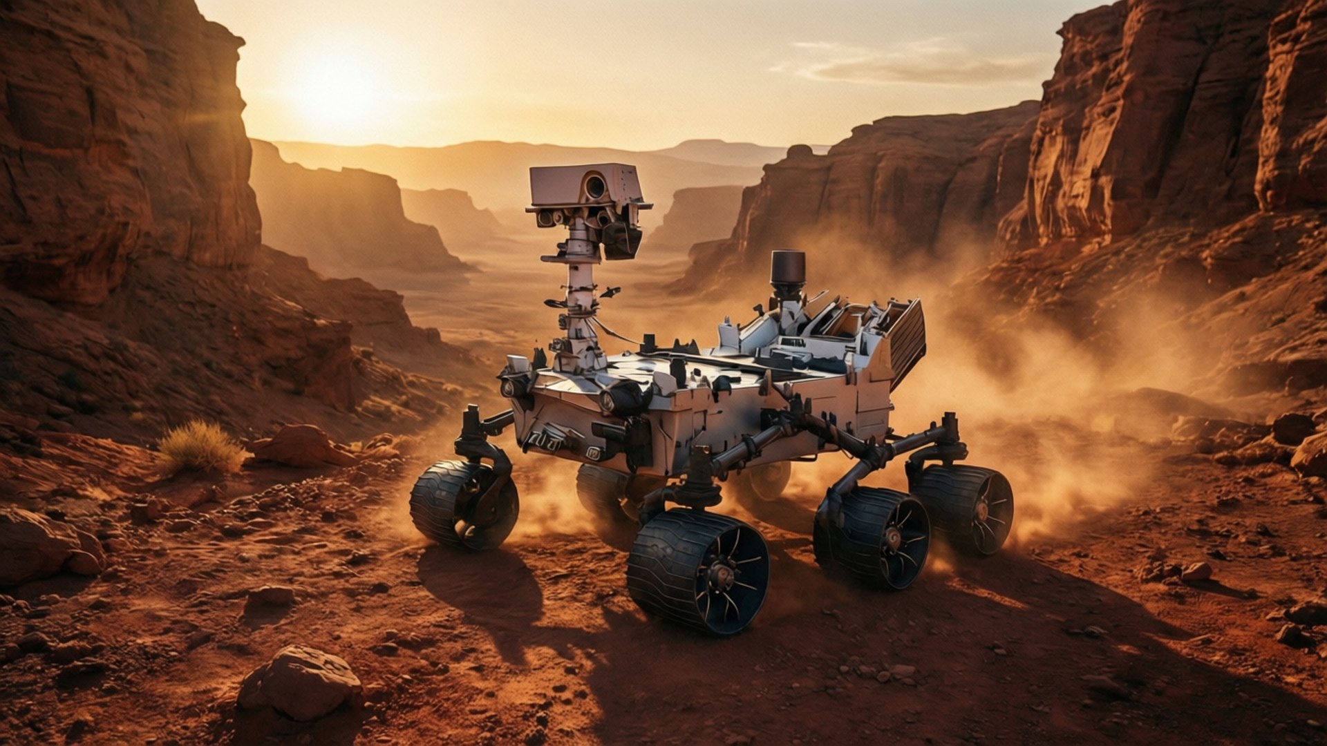 Space Rover 桌布 壁紙 — 火星探測車在金色夕陽天空下穿越崎嶇峽谷時揚起灰塵。