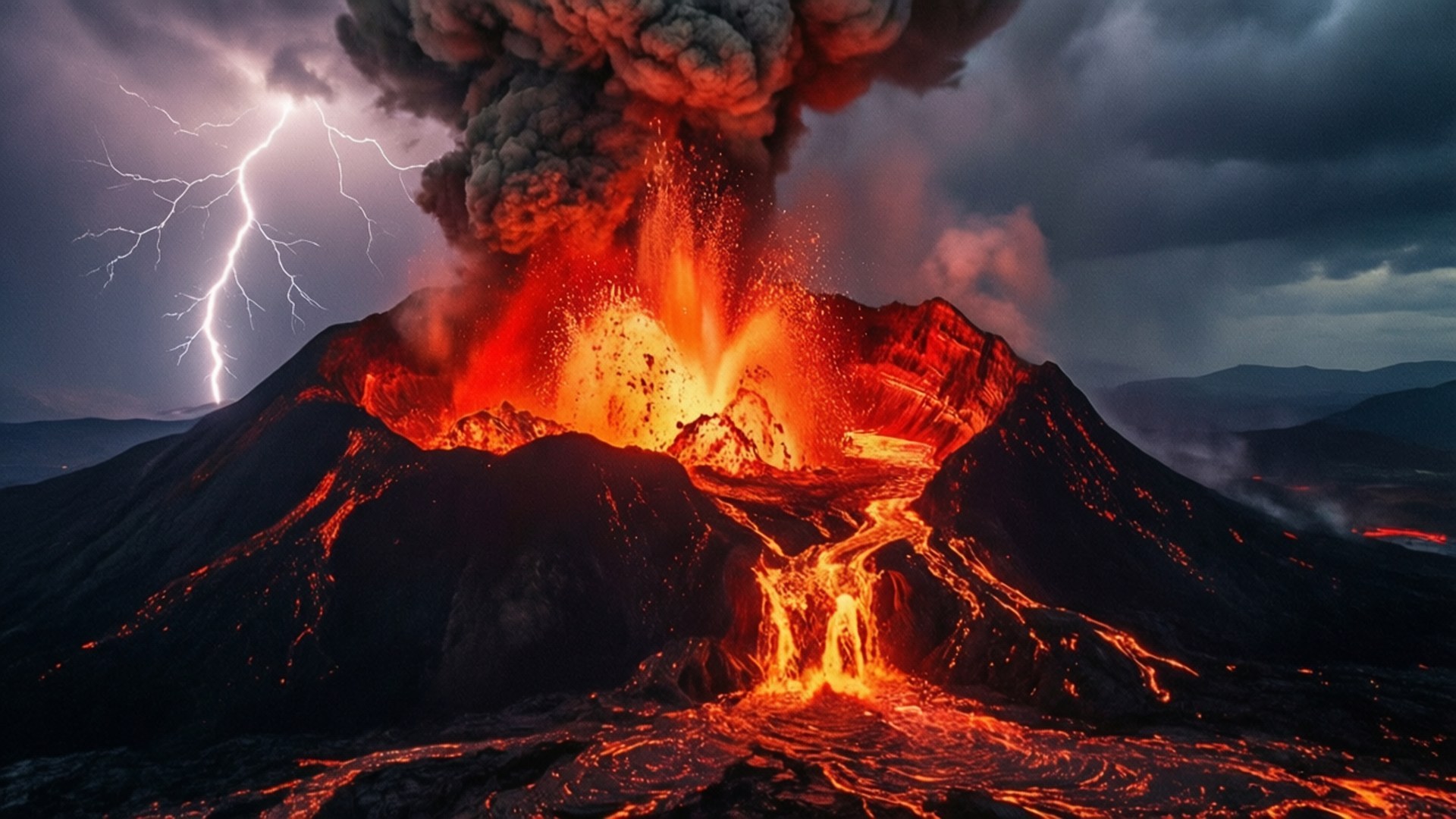 Epic Volcano Eruption 壁紙 — 火山猛烈噴發，發出熾熱的熔岩流和巨大的火山灰雲，附近有閃電擊中。