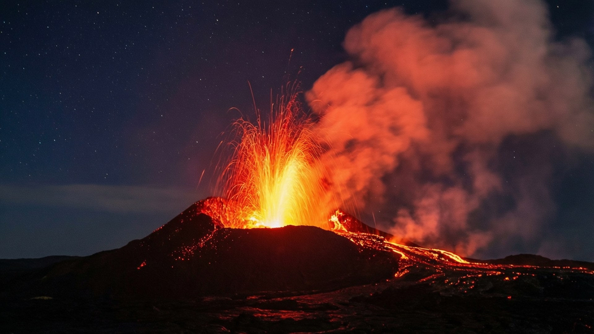 Volcanic Eruption Panorama 壁紙 — 火山在夜間爆發，熾熱的熔岩噴泉和發光的熔岩流映襯著星空。