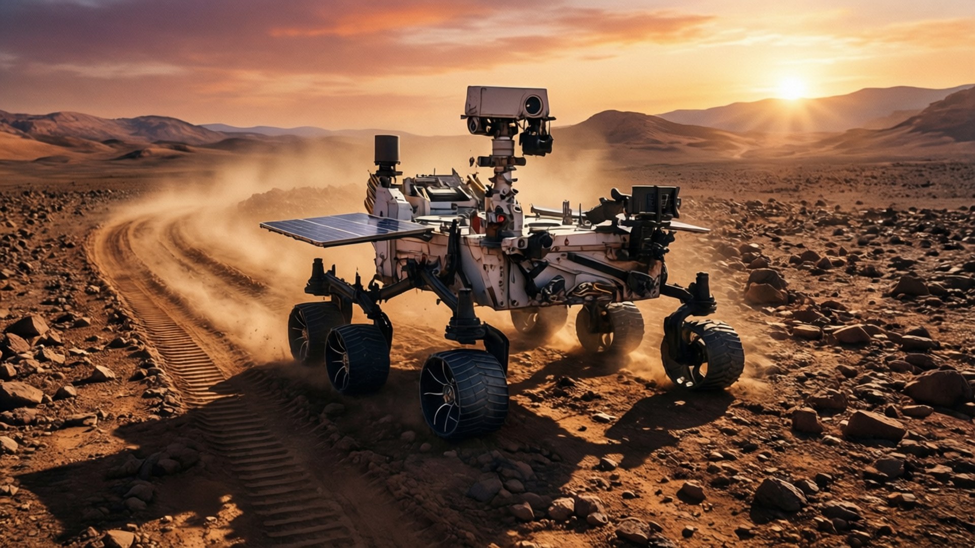 Rover at Martian Sunset 壁紙 — 火星探測車在岩石密布的紅色星球上揚起灰塵，太陽在遠山後落下。