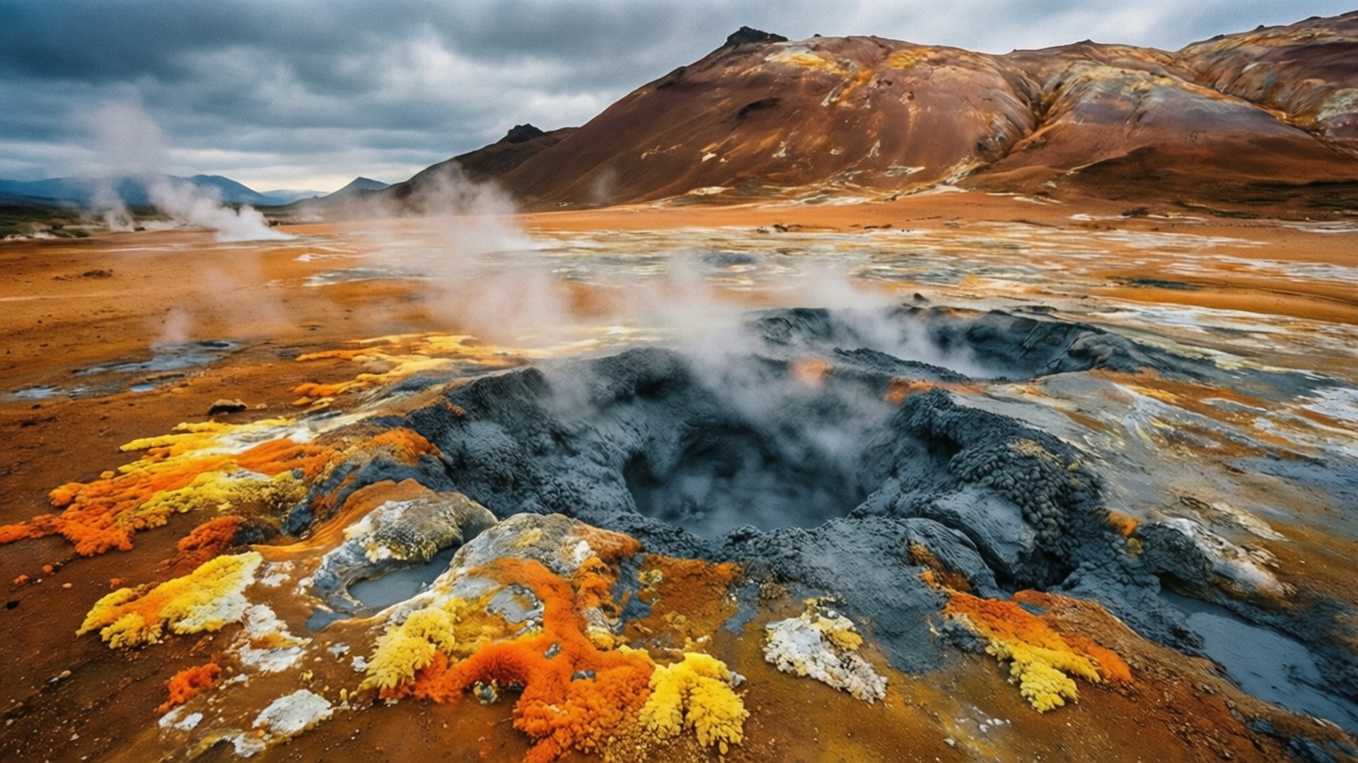 Hverir地熱區 壁紙 — 鮮豔的橙色和黃色微生物墊圍繞著一個在陰天天空下冒著蒸汽的火山口。