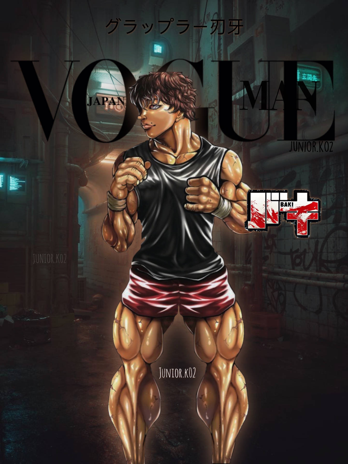 動漫戰士穿著紅色短褲，在霓虹燈照亮的小巷中擺姿勢，帶有「Vogue Man」文字。 — 巴奇·漢馬 壁紙