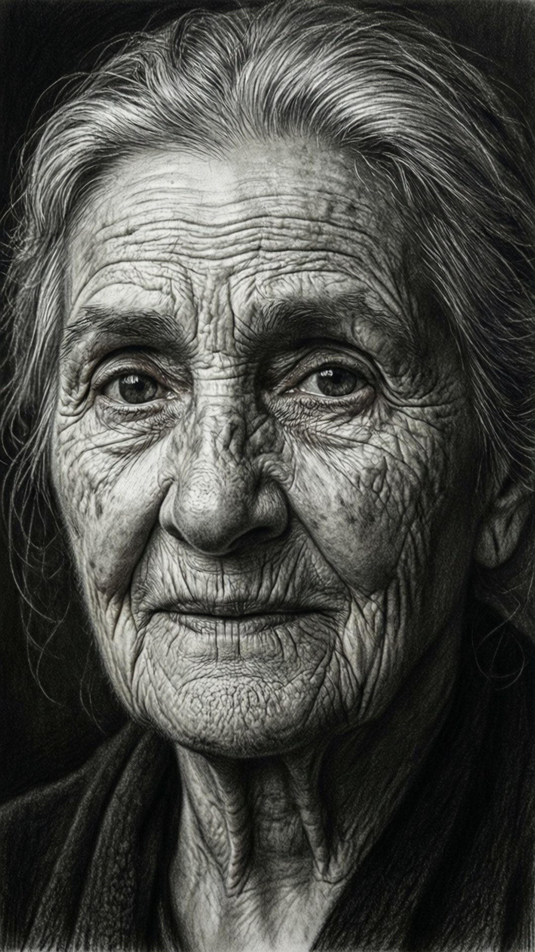 Charcoal Elderly Portrait 壁紙 — 一幅超寫實的木炭肖像畫，描繪一位皮膚深皺、眼神銳利的老婦人，背景為深色。