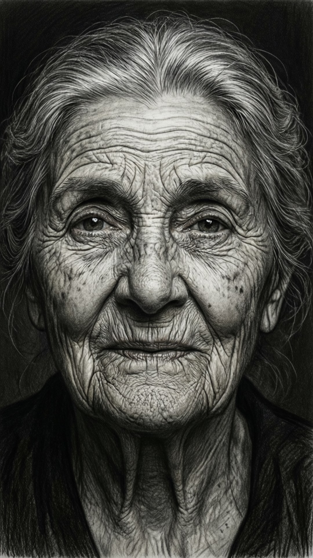 Charcoal Elderly Portrait 壁紙 — 一位老年婦女的超寫實木炭肖像，臉上佈滿深深的皺紋，眼神柔和，背景為深色。