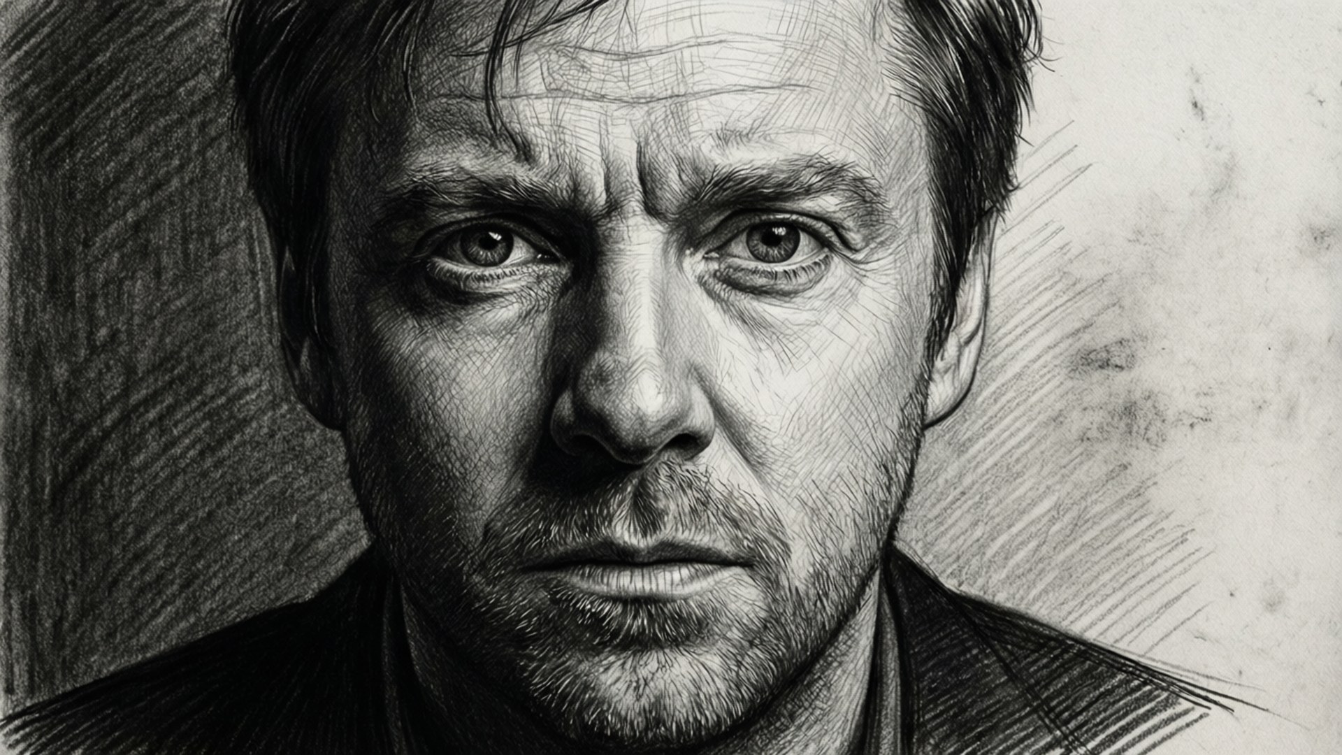 ricky gervais 桌布 壁紙 — 一幅超寫實木炭素描，描繪一名眼神銳利、眉頭緊鎖的男子直視前方。