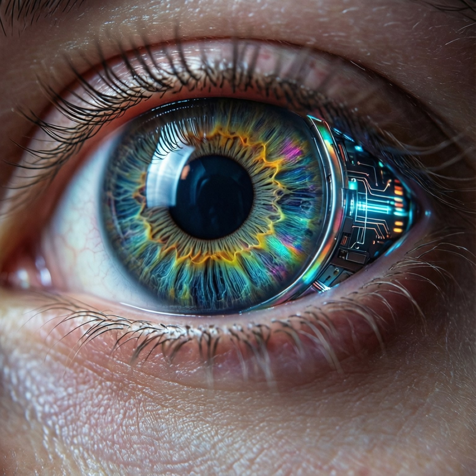 Cybernetic Eye Detail 壁紙 — 人類眼睛的超現實特寫，帶有沿外緣發光的電子植入物，呈現霓虹電路效果。