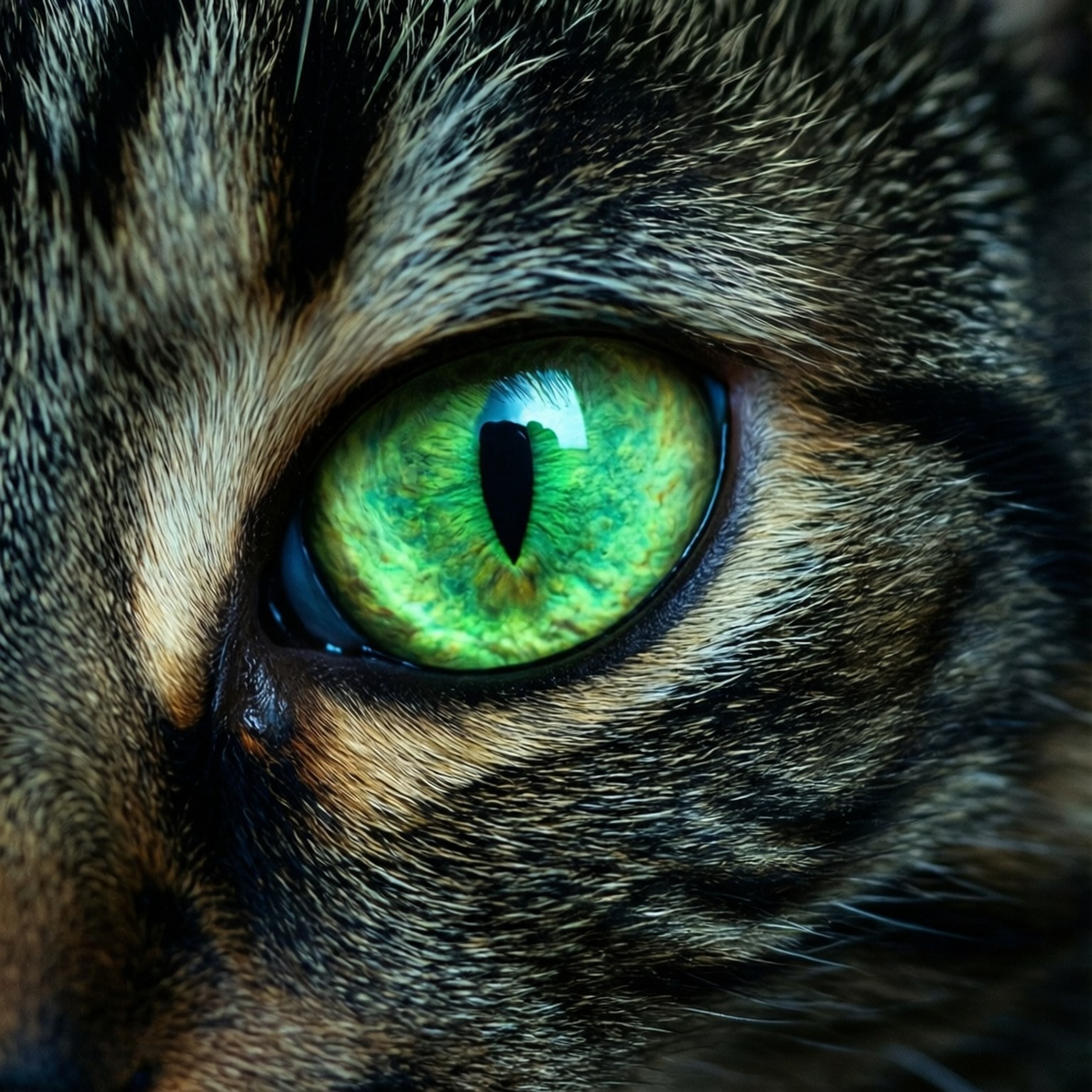 Cat's Glow 壁紙 — 虎斑貓鮮綠色眼睛的超現實特寫，垂直狹縫瞳孔周圍有詳細的棕色和黑色毛髮。