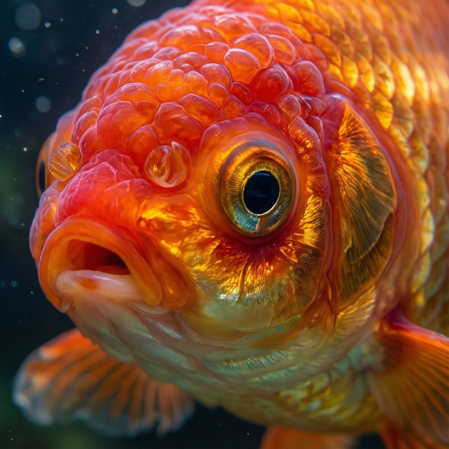 Goldfish Scales Macro 壁紙 — 水中一條充滿活力的橙色金魚的超現實特寫，帶有詳細的鱗片和一隻大的富有表情的眼睛。