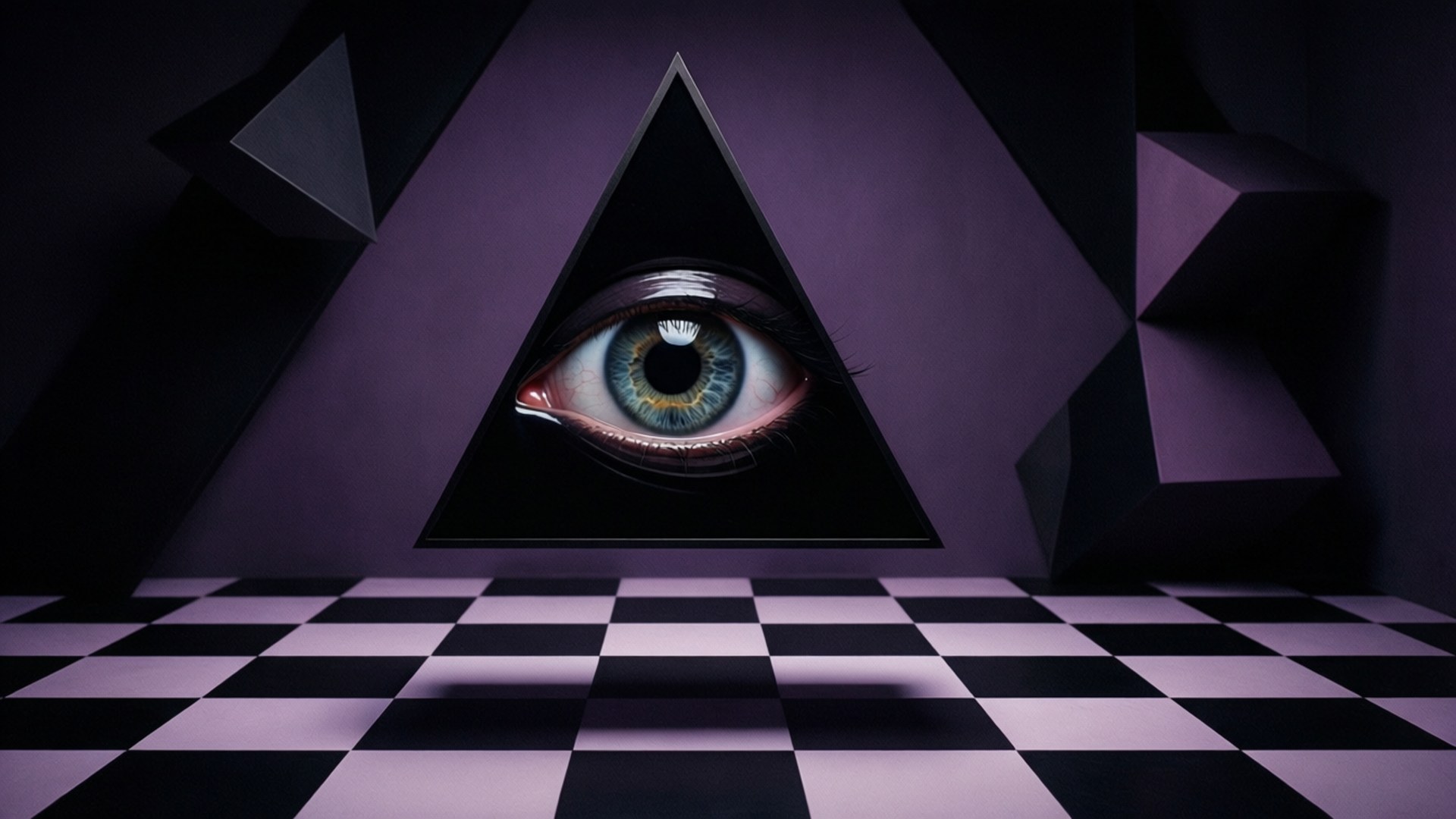 Eye of Providence 壁紙 — 一個超寫實的人眼從黑色三角形內凝視，背景是紫色幾何房間，地板是棋盤格紋。