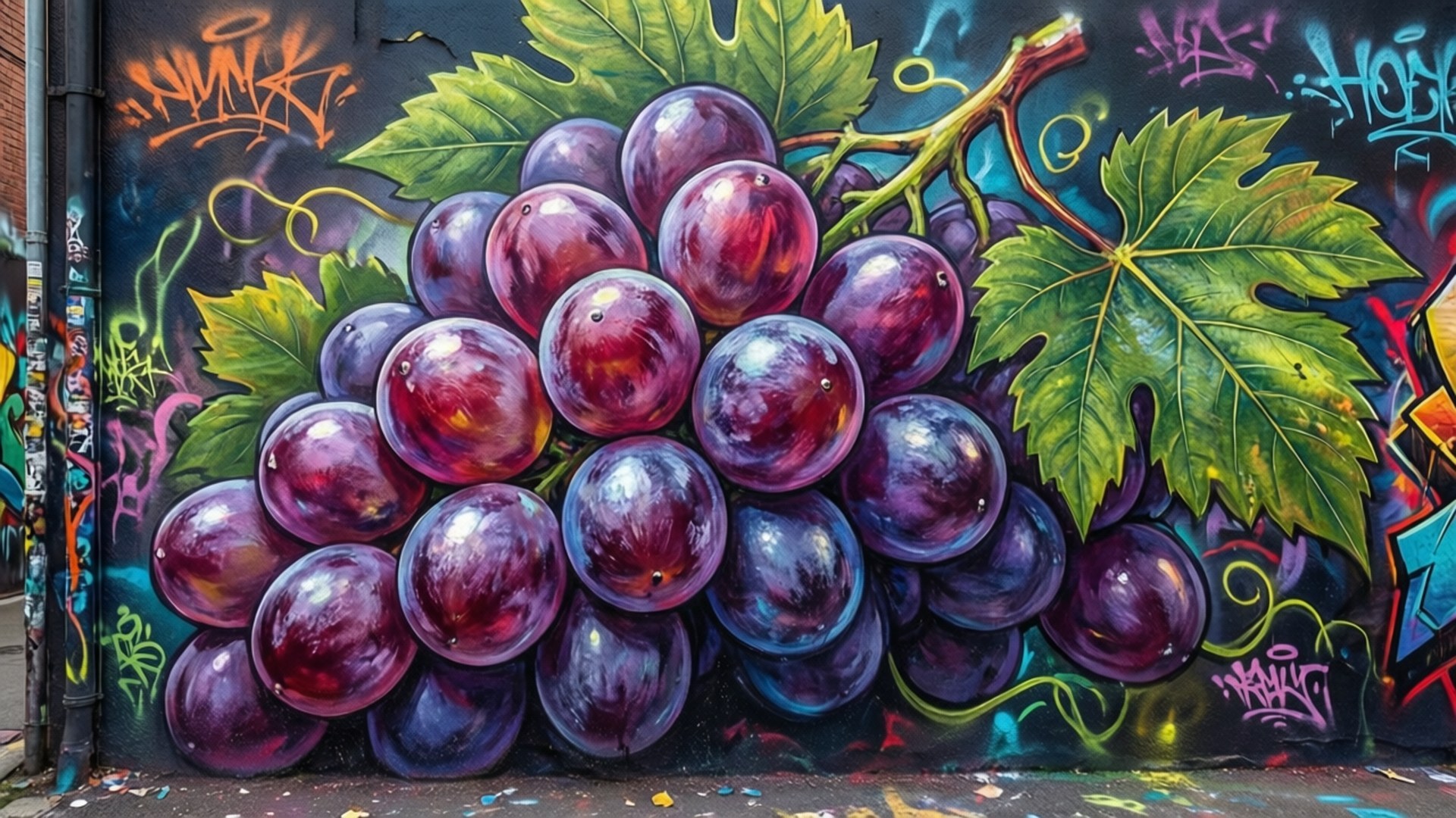 Grape Graffiti 壁紙 — 一幅充滿活力的塗鴉壁畫描繪了一串超寫實的光澤紫色葡萄，帶有綠葉，背景是佈滿彩色塗鴉標籤的深色牆壁。