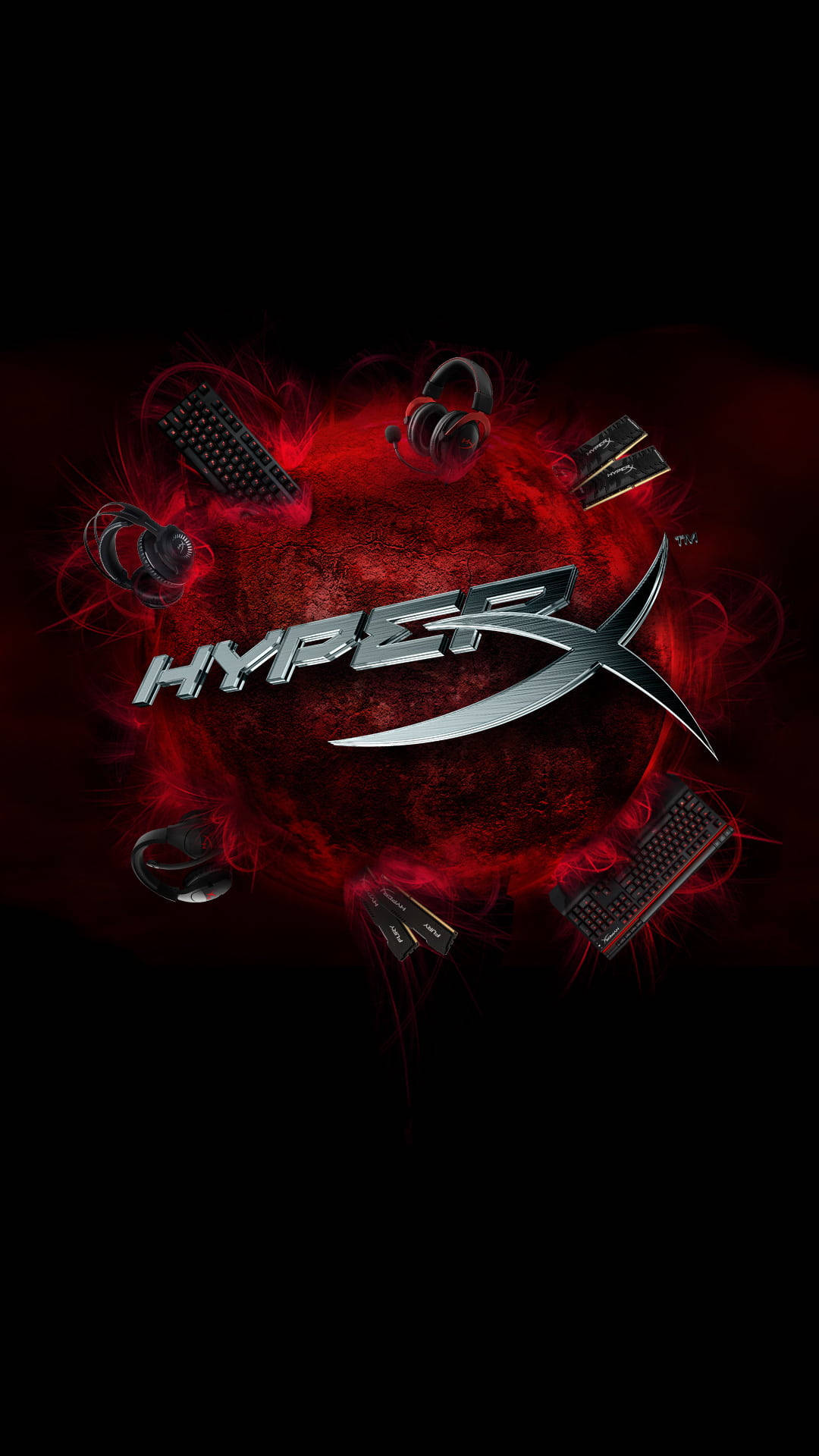 標誌 桌布 壁紙 — HyperX 標誌被鍵盤和耳機等遊戲裝備包圍，從紅色能量核心中迸發，背景為黑色。
