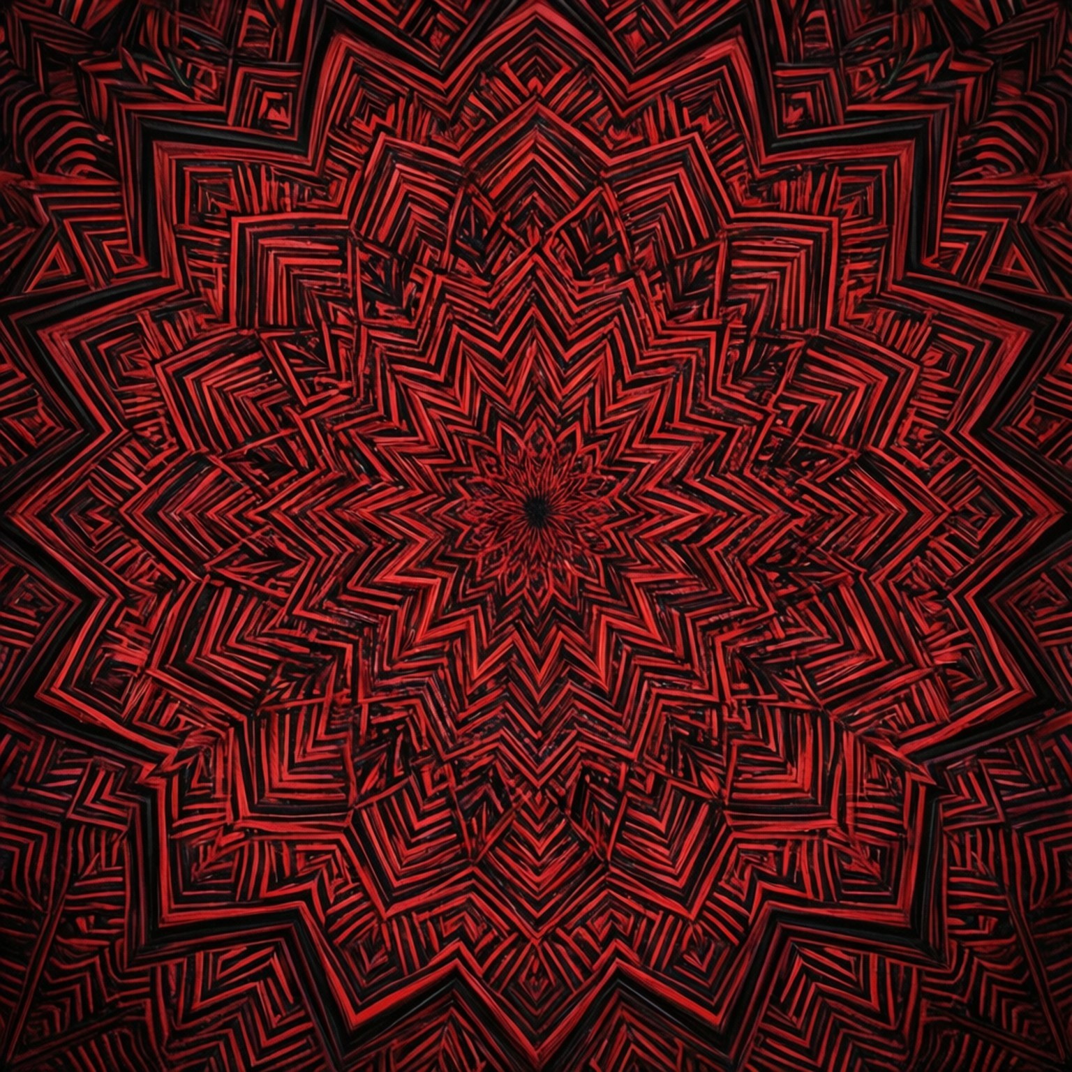 Red Black Mandala 壁紙 — 一個催眠的紅黑幾何曼陀羅，帶有從中心點放射出的銳利角形圖案。