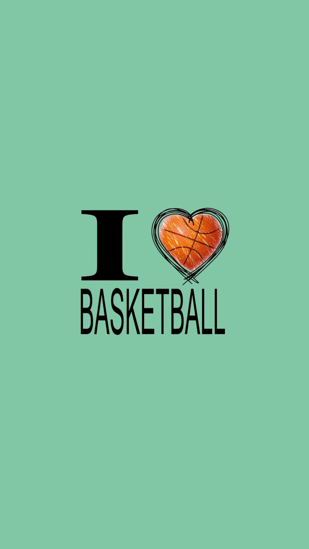  壁紙 — 粗體黑色文字寫著「I ❤️ BASKETBALL」，心形被一個詳細的橙色籃球取代，背景為純薄荷綠色。
