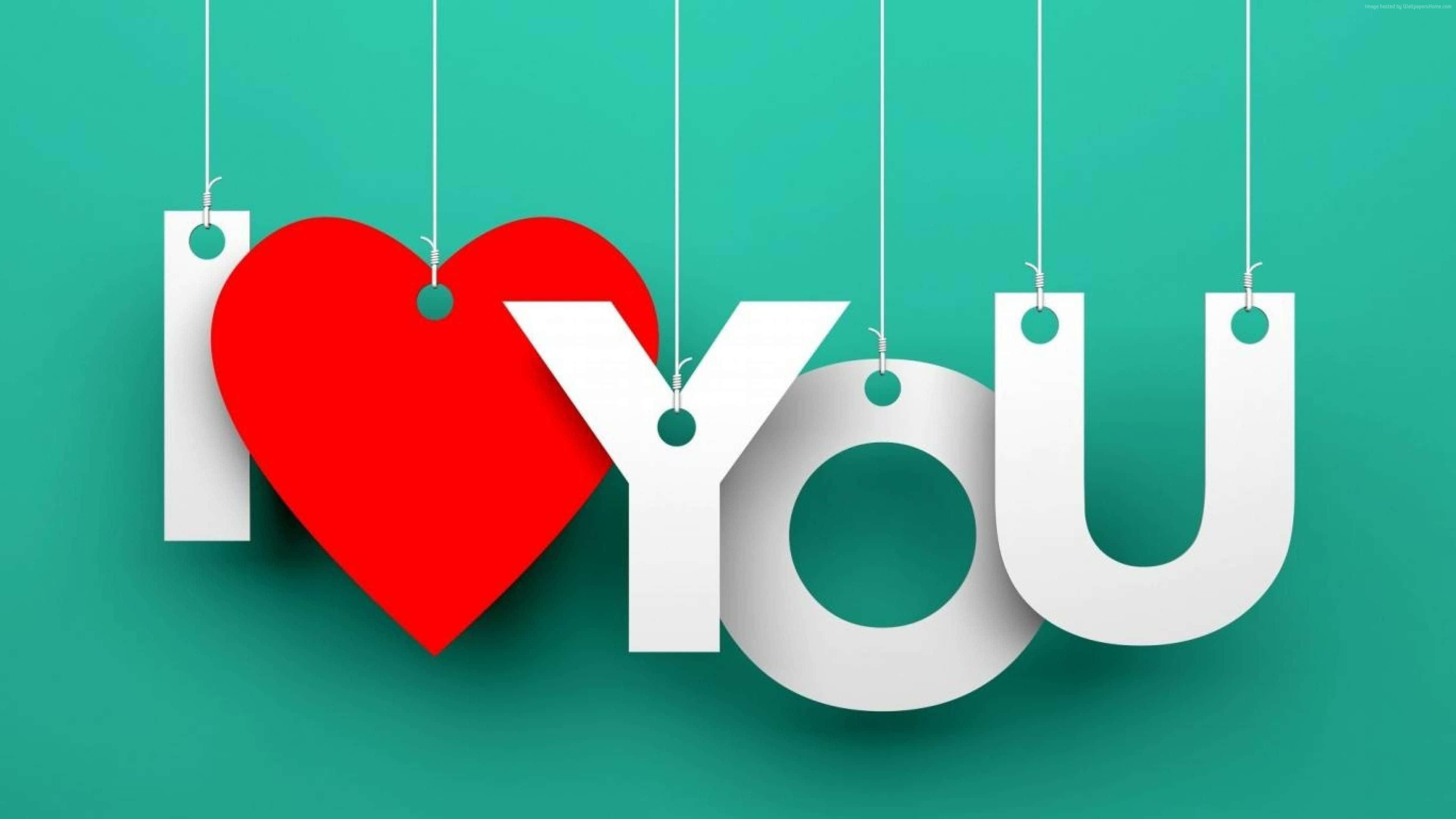 4K Love 桌布 壁紙 — 「I ❤️ YOU」這句話以粗體白色字母和紅色心形懸掛在青綠色背景上。