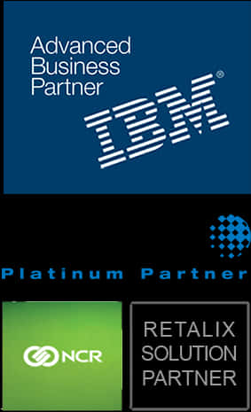 科技動圖 桌布 壁紙 — IBM NCR 和 Retalix 的企業合作夥伴標誌顯示在深藍色、黑色和綠色背景上。