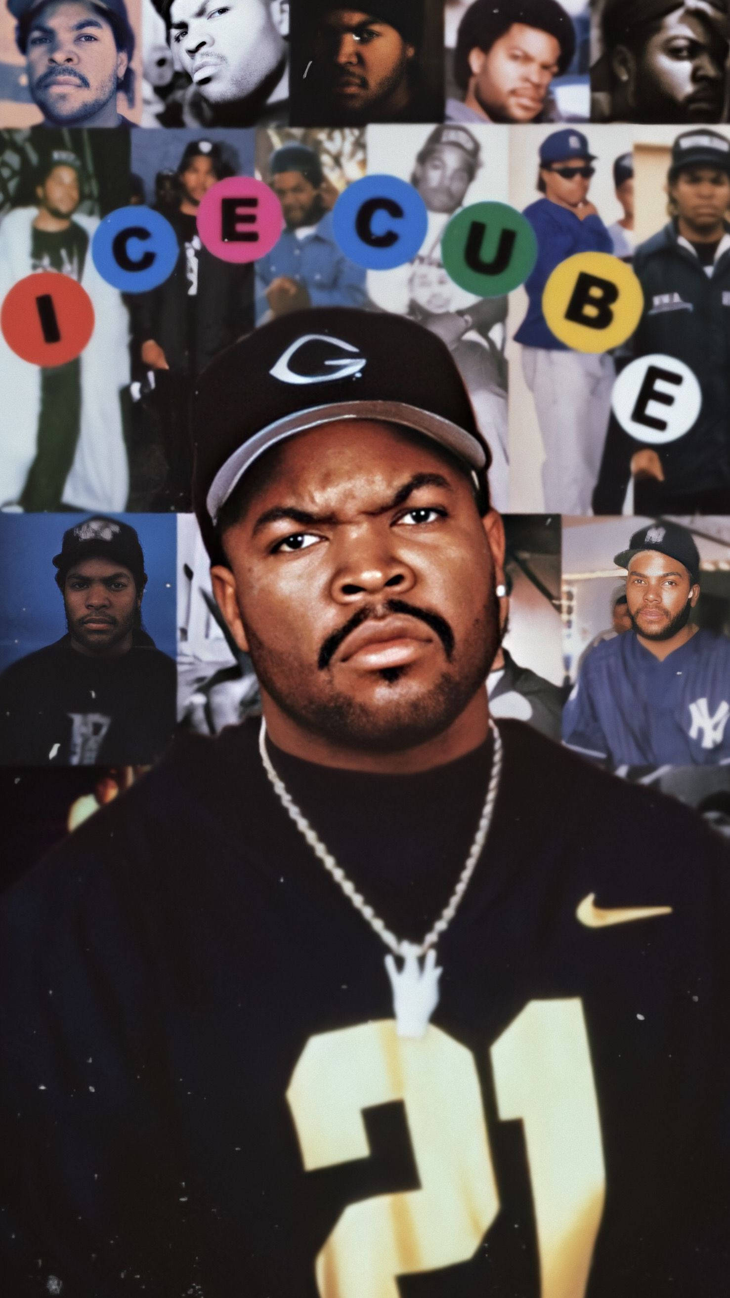 Rappers 桌布 壁紙 — Ice Cube 在他的照片拼貼中凝視，背後有彩色字母拼出他的名字。