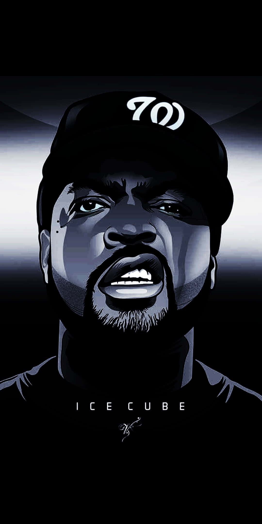 Cartoon Rapper 桌布 壁紙 — Ice Cube 戴著帽子的風格化肖像，在深色漸變背景上展現大膽表情。