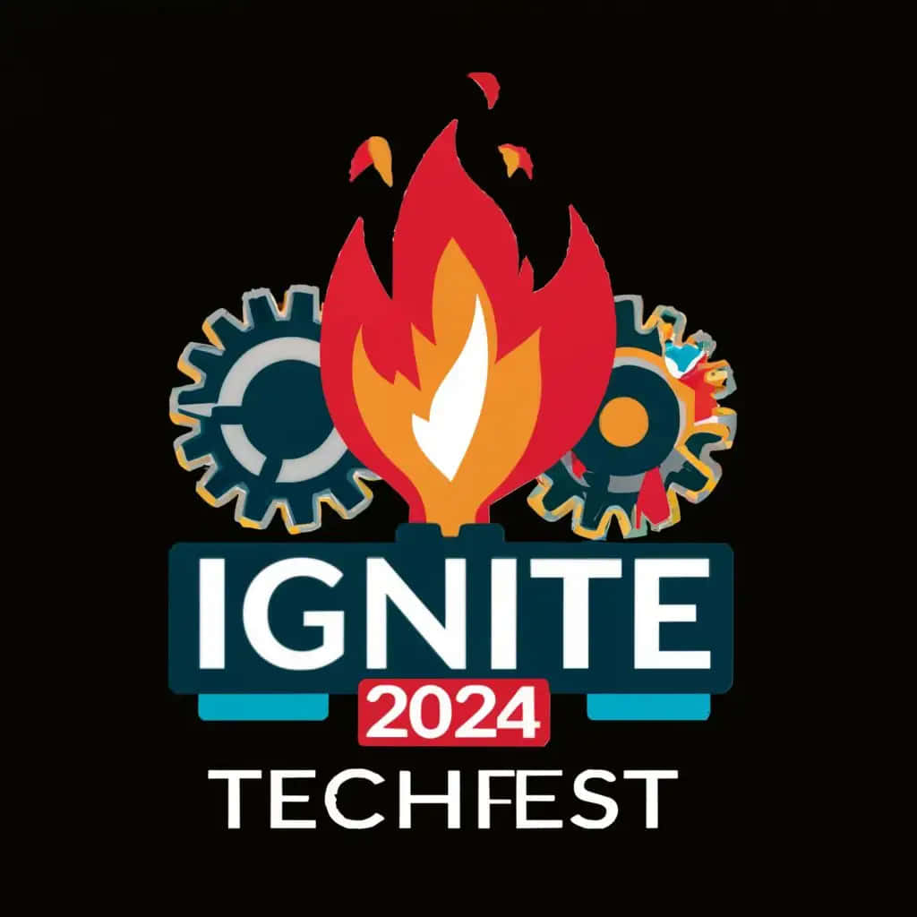  壁紙 — Ignite 2024 Techfest 的大膽標誌，特色是在黑色背景上，彩色齒輪之間升起的風格化火焰。